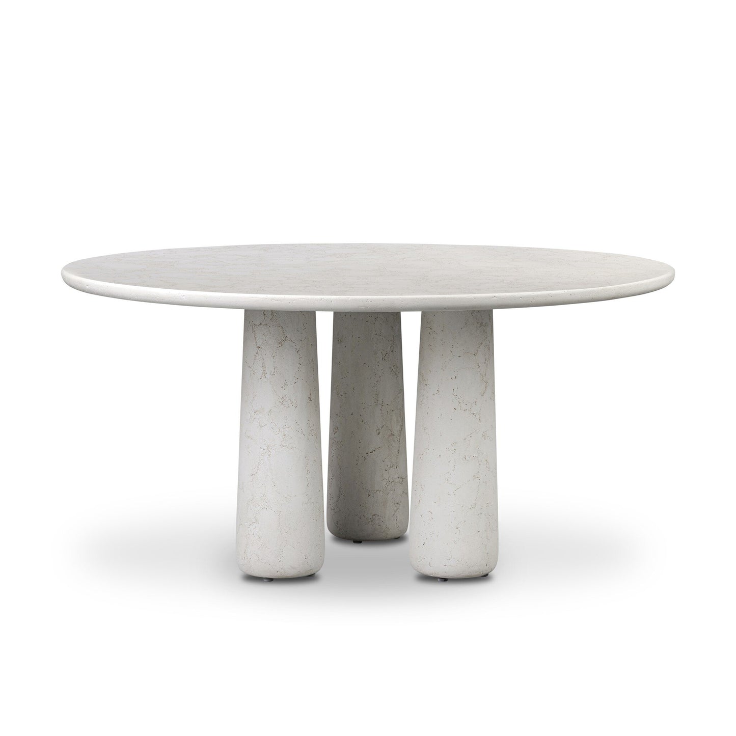 The Cast Concrete Pedestal Base | Outdoor Dining Table features a smooth, light gray cast concrete top with three thick pedestal legs, presented against a white background.