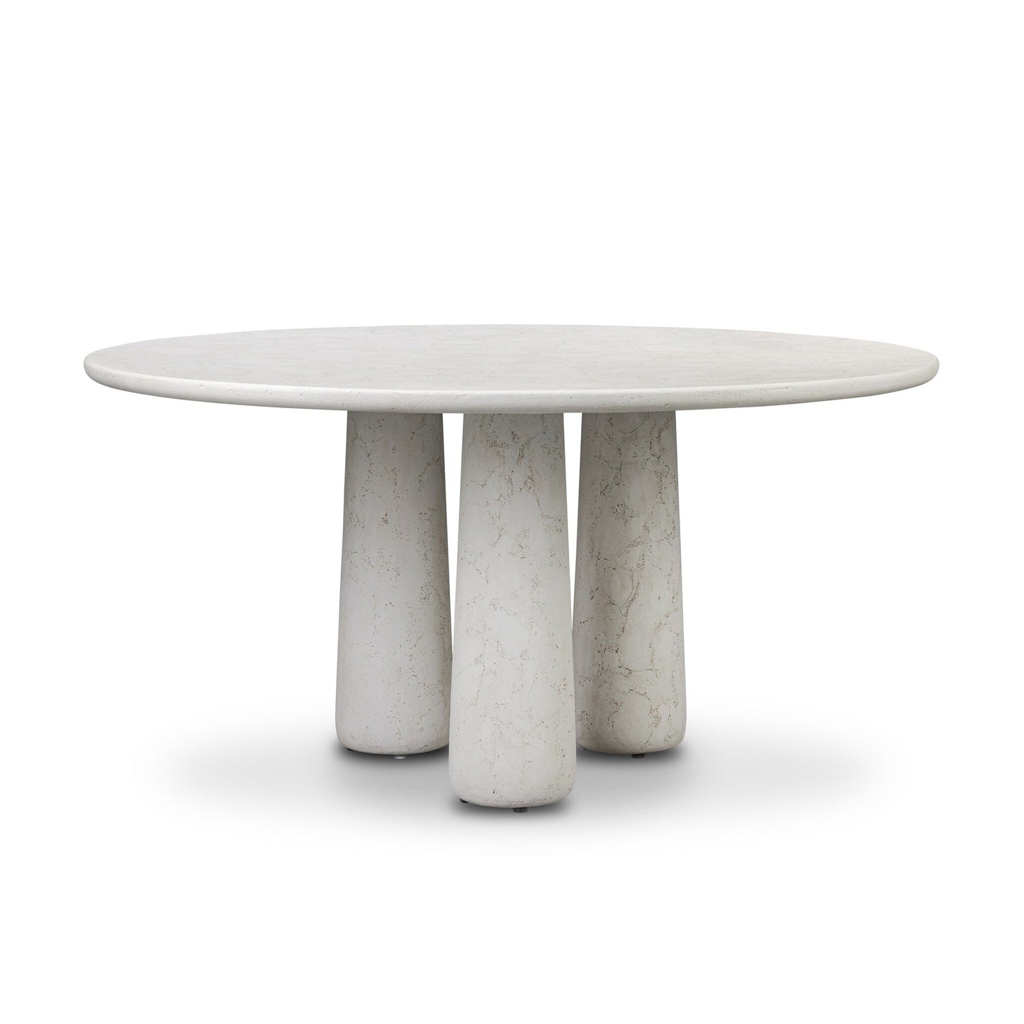 The Cast Concrete Pedestal Base Outdoor Dining Table features a modern round white marble top with three thick pedestal legs, a minimalist design, smooth polished surface, and subtle natural veining for durable elegance outdoors.