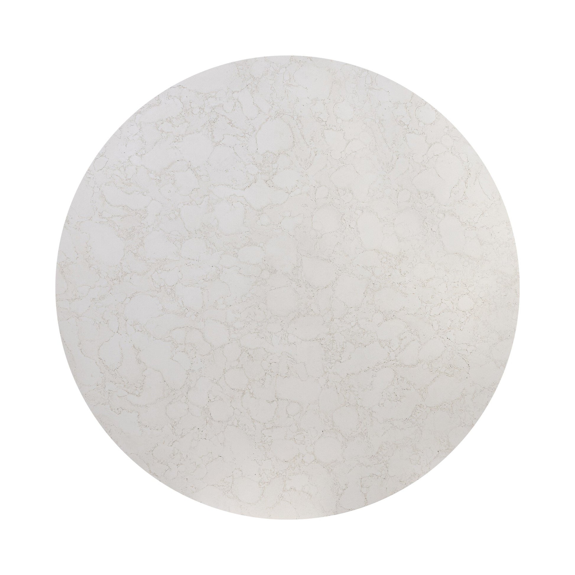 The Cast Concrete Pedestal Base Outdoor Dining Table features a round top with a light beige, marble-like pattern and subtle veining, designed in durable cast concrete—ideal as an elegant outdoor dining table.