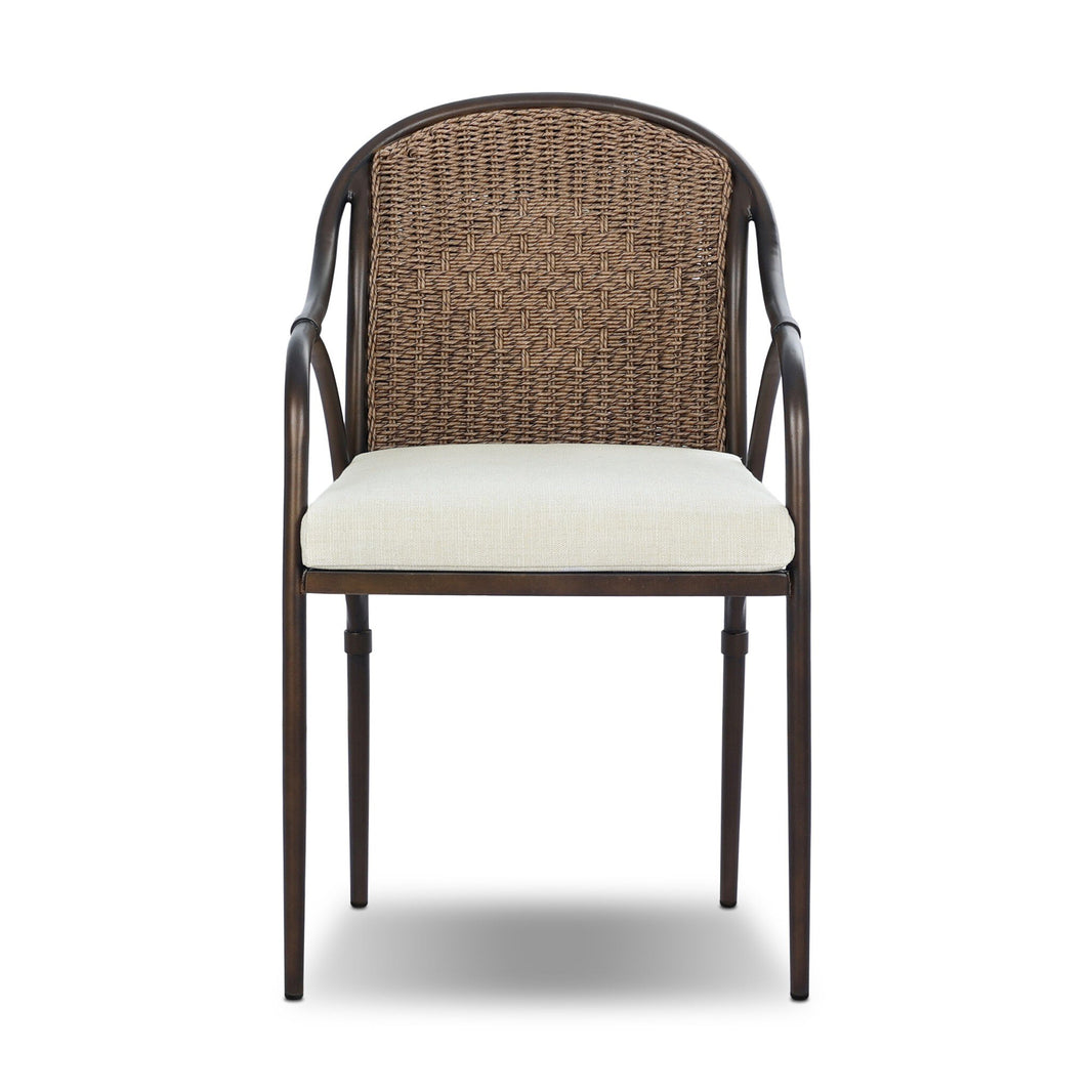 Front view of the Graciela Outdoor Dining Chair, featuring a dark metal frame, curved arms, woven rattan backrest, and light beige cushion. Dimensions: 21.00"w x 22.50"d x 35.00"h, shown against a white background.