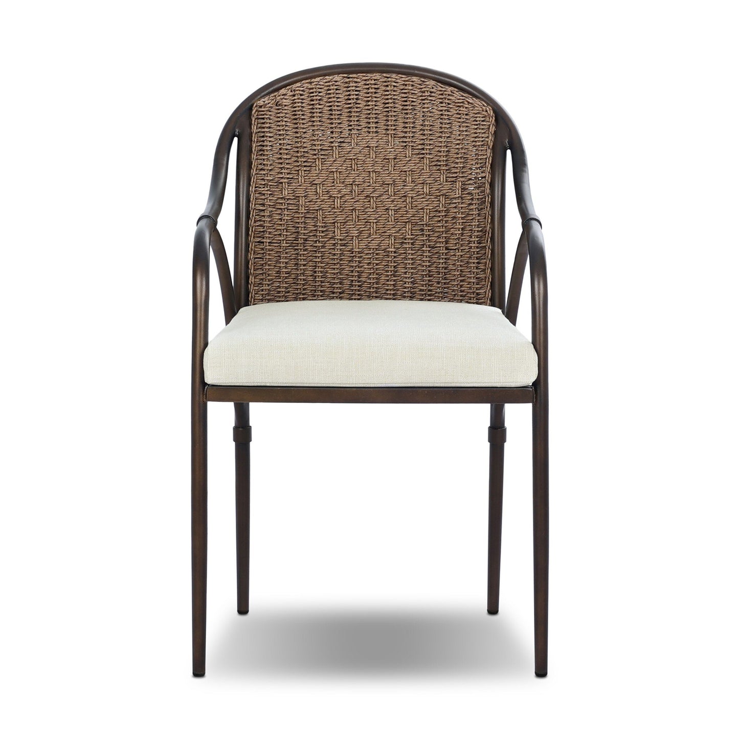 Front view of the Graciela Outdoor Dining Chair, featuring a dark metal frame, curved arms, woven rattan backrest, and light beige cushion. Dimensions: 21.00"w x 22.50"d x 35.00"h, shown against a white background.