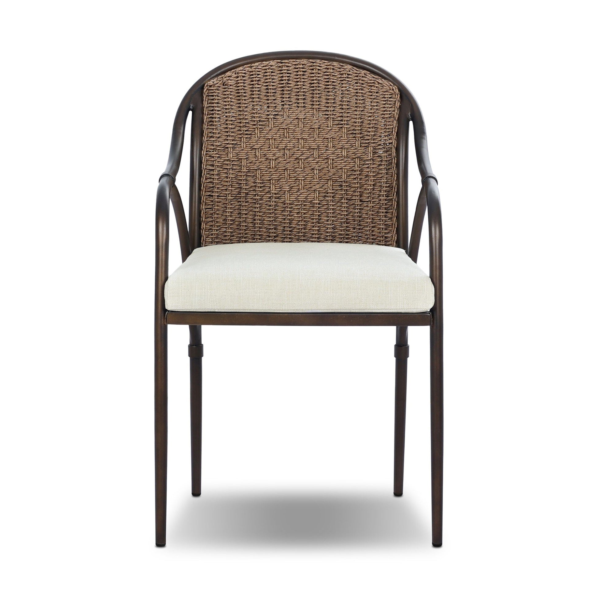 Front view of the Graciela Outdoor Dining Chair, featuring a dark metal frame, curved arms, woven rattan backrest, and light beige cushion. Dimensions: 21.00"w x 22.50"d x 35.00"h, shown against a white background.
