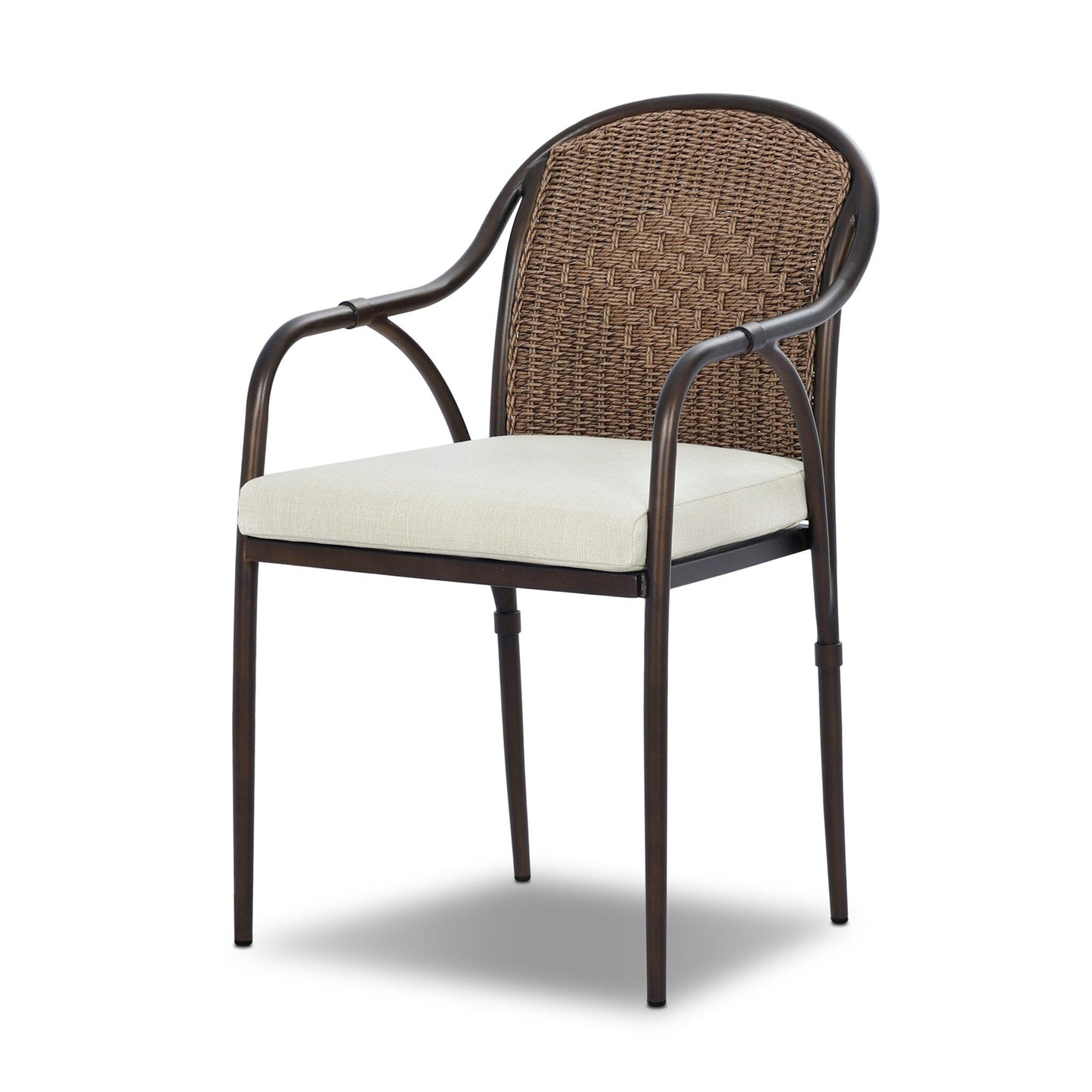 The Graciela Outdoor Dining Chair features a metal frame, woven rattan backrest, curved armrests, and a light beige cushioned seat on four straight legs. Its dimensions are 21.00"w x 22.50"d x 35.00"h for comfortable seating in any space.