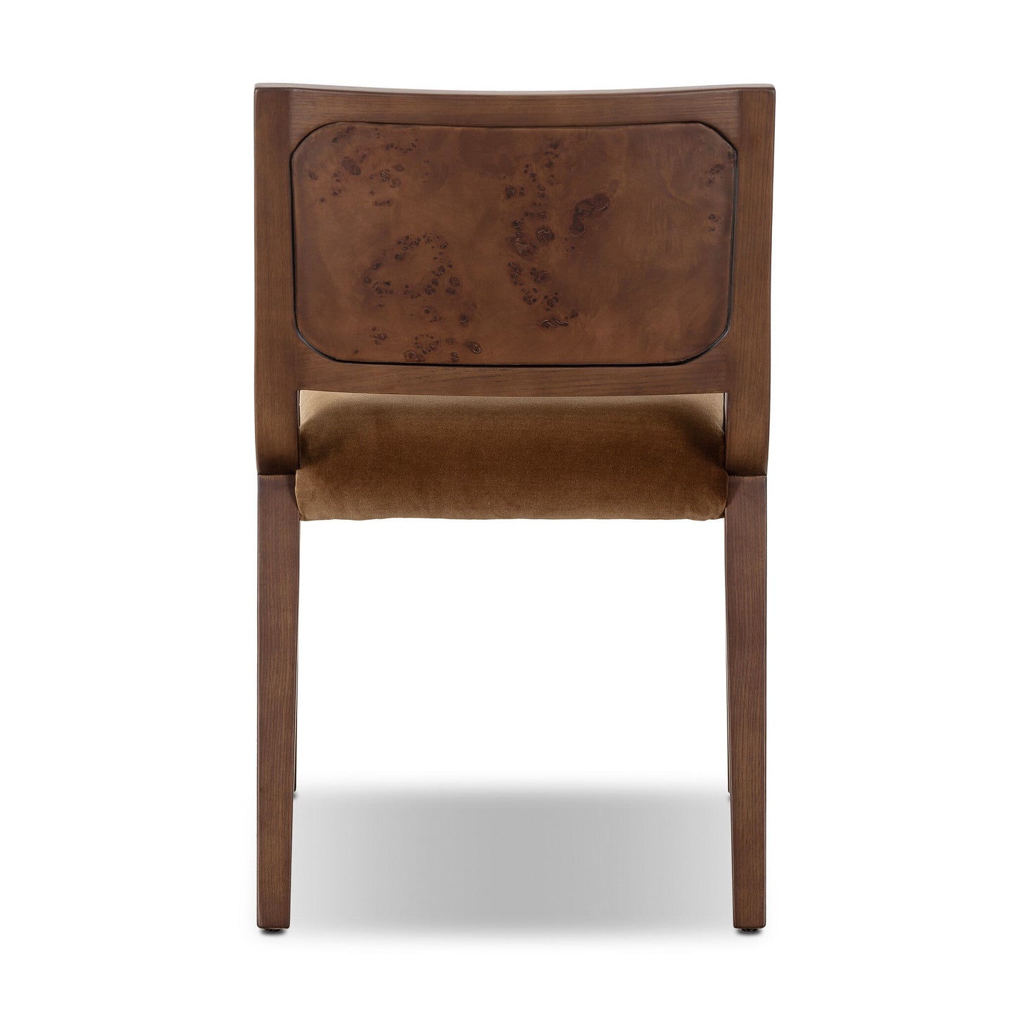 The Corvo Dining Chair, shown from the back, has a rectangular wood-grain backrest, straight legs, and a brown upholstered seat. Its versatile design makes it easy to fit into diverse spaces.