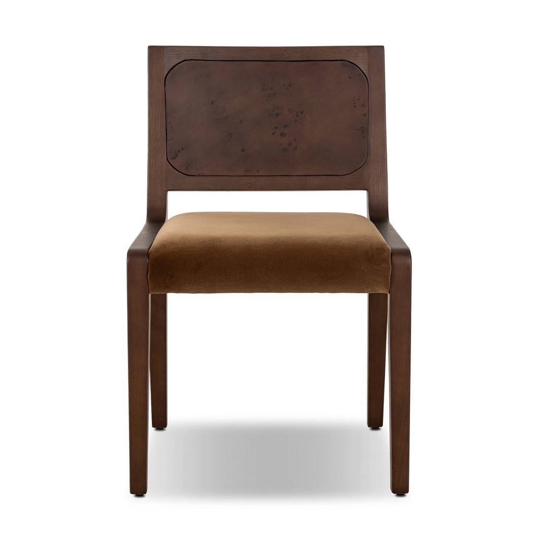 The Corvo Dining Chair, 32.50" high with a rectangular backrest and cushioned brown velvet seat (21.25"w x 24.00"d), is displayed front-facing against a white background.
