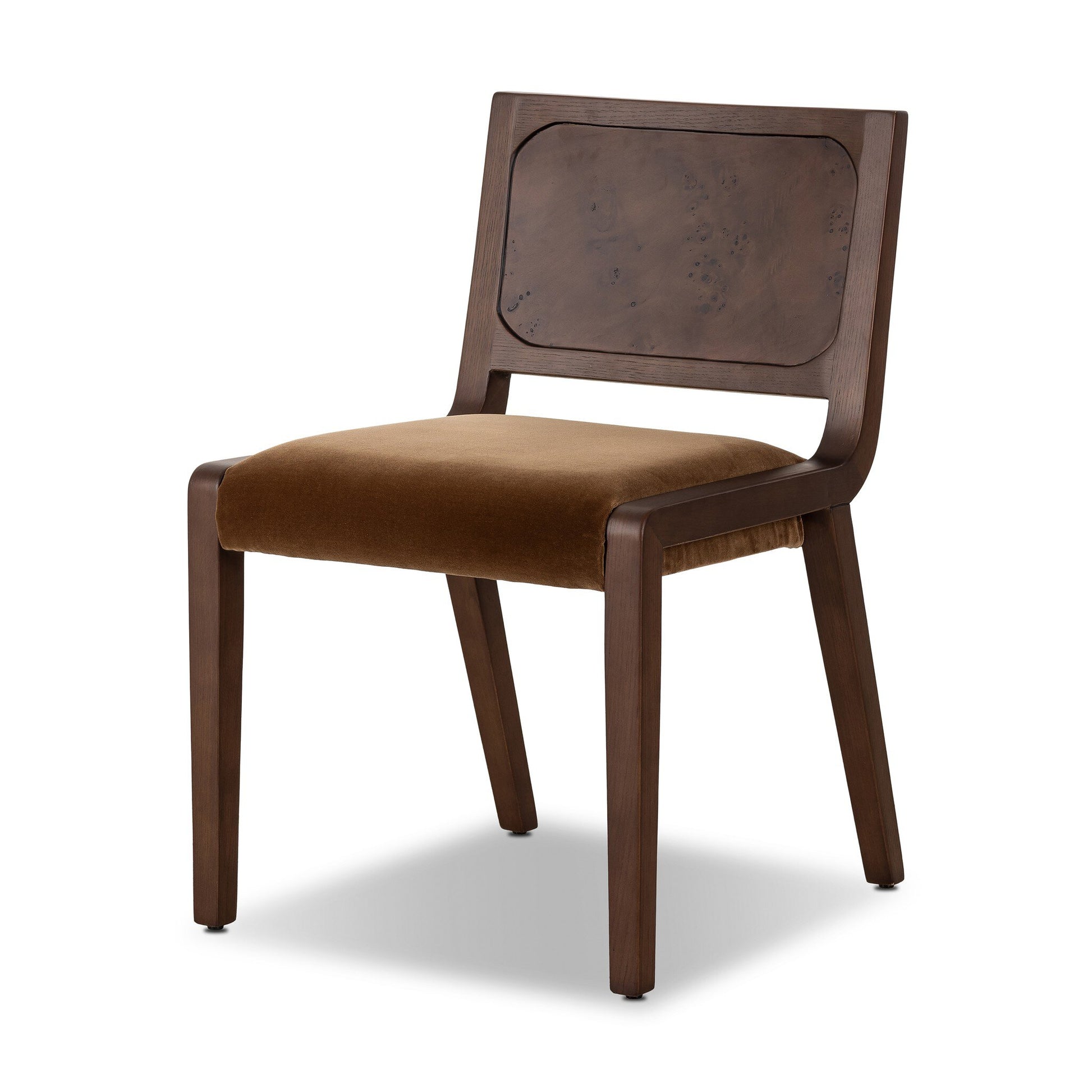 The Corvo Dining Chair is a modern, minimalist 32.5"h brown wooden chair with a rectangular backrest, slightly angled legs, and a cushioned seat upholstered in brown fabric.