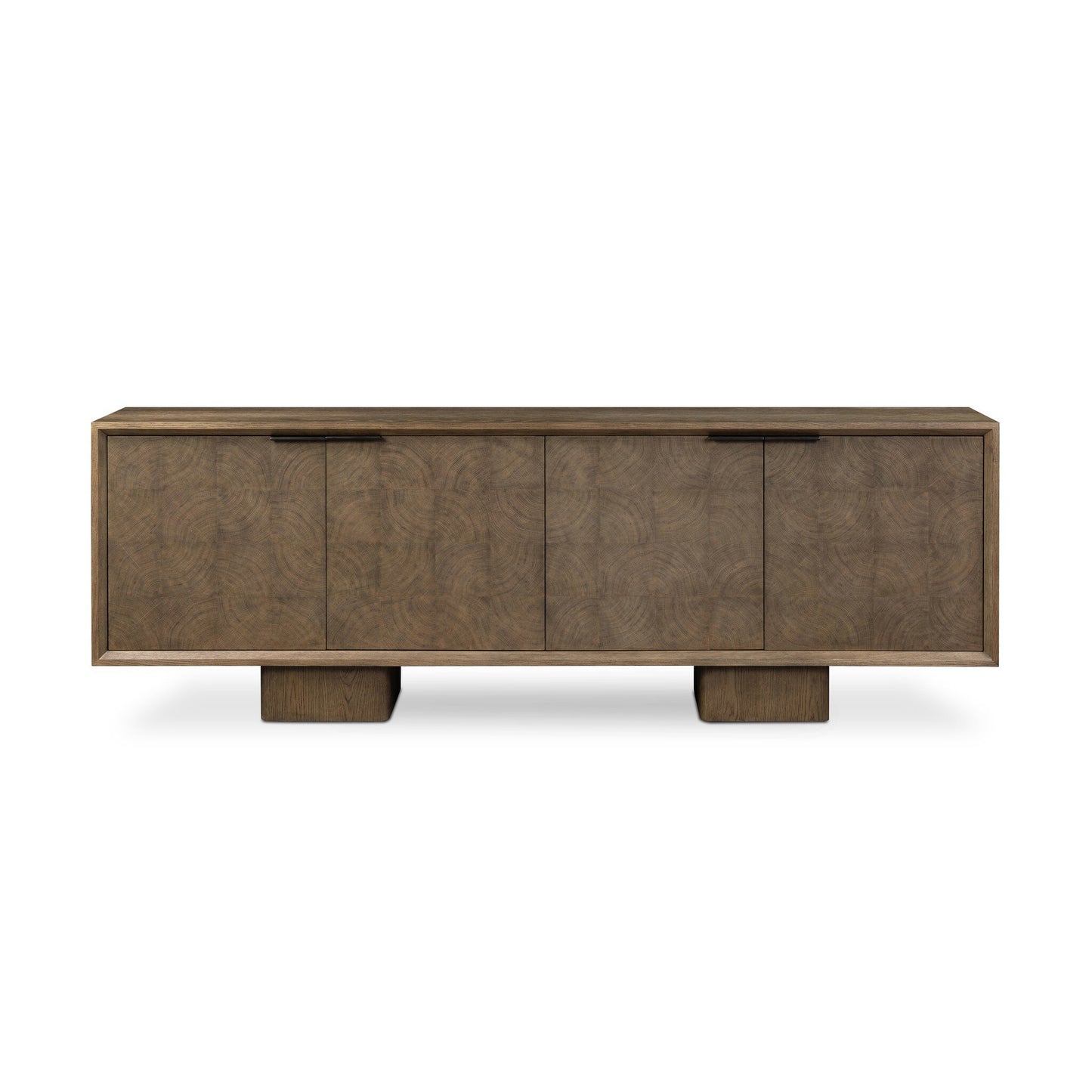 The Salta Sideboard is a modern wooden piece measuring 95.25"w x 20"d x 32.25"h, with a rectangular form, four doors, two block-style legs, minimalist handles, and a natural textured finish.