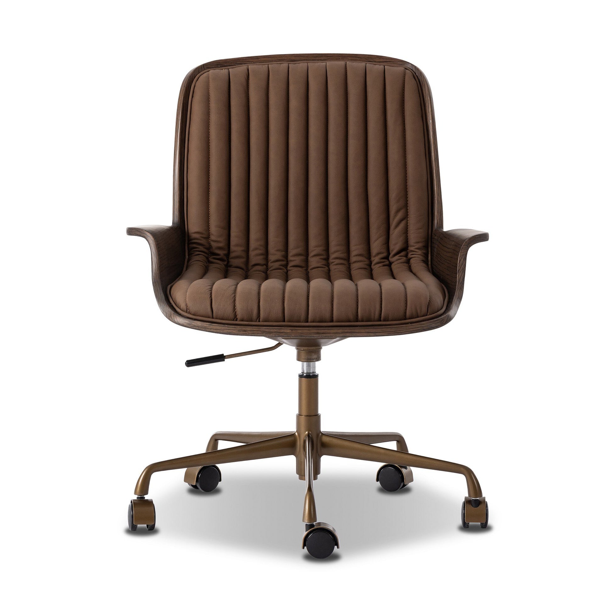 The Frankie Desk Chair features brown vertical ribbed upholstery, curved armrests, a bronze swivel base with five caster wheels, and adjustable seat height via a left-side lever. Check dimensions to ensure it fits your office space.