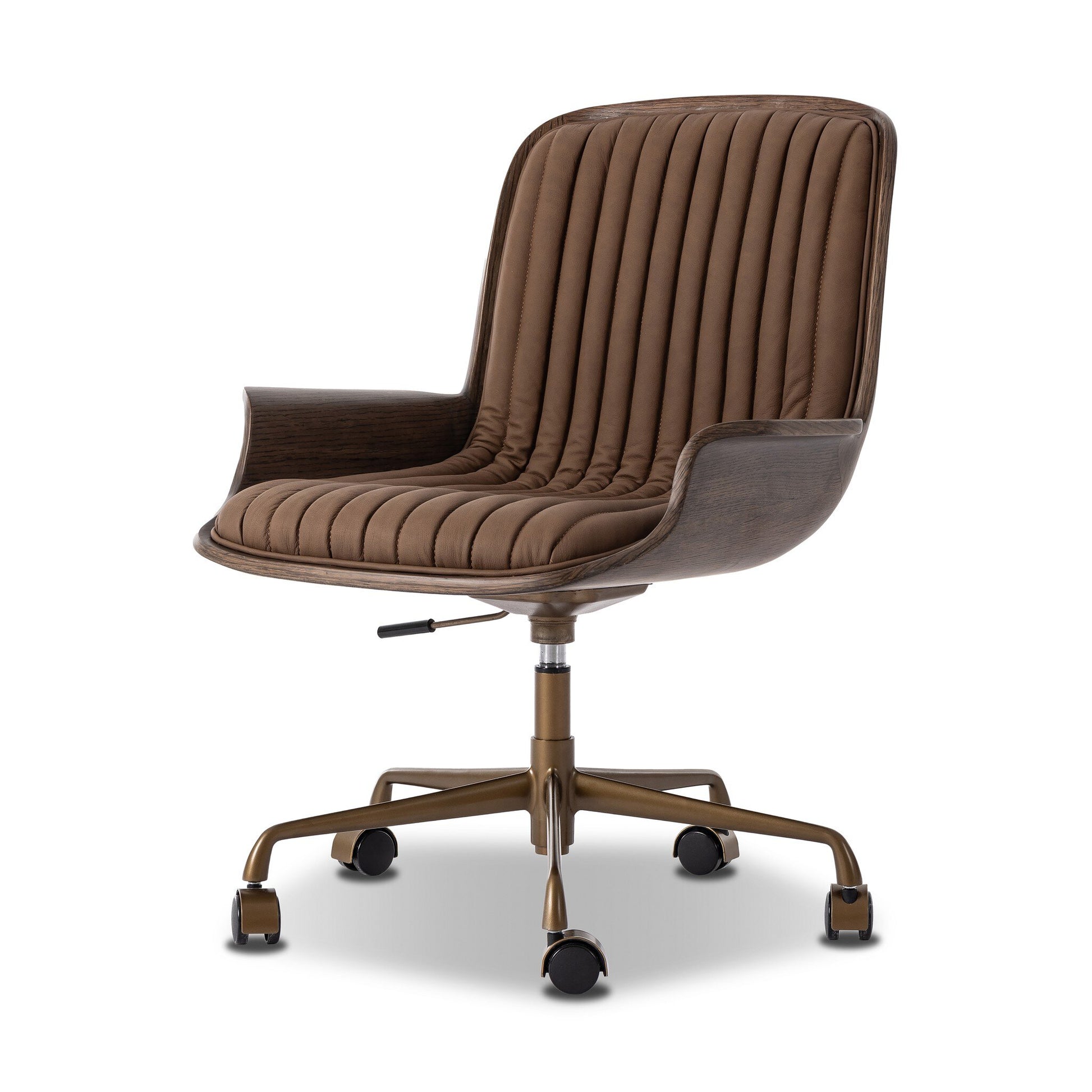 The Frankie Desk Chair features brown cushioning with vertical stitching, curved wooden armrests, and a bronze metal base on five casters. It offers an adjustable height lever and modern vintage-inspired design for comfortable workspace seating.