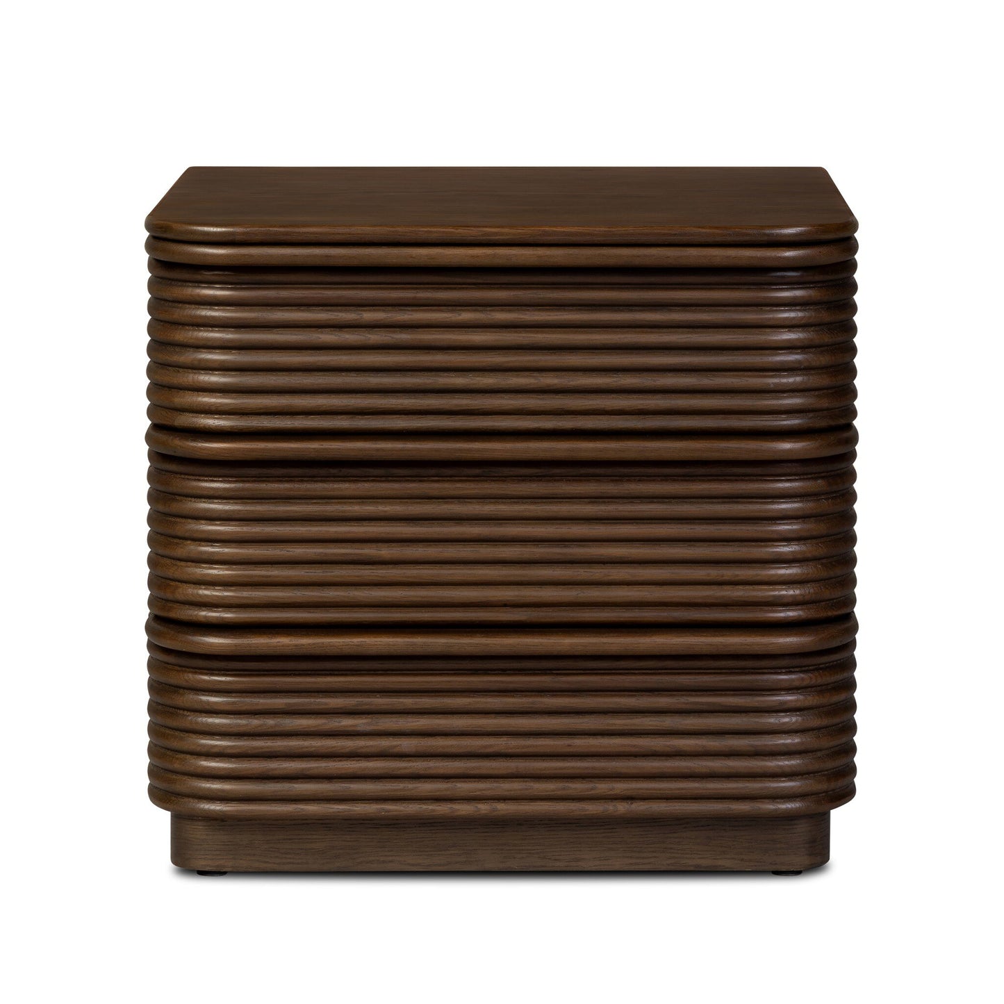 The Benny Nightstand is a dark brown wooden piece with three drawers and a ribbed horizontal groove pattern. Its modern, handleless design measures 26"w x 22"d x 24"h, complementing minimalist spaces.