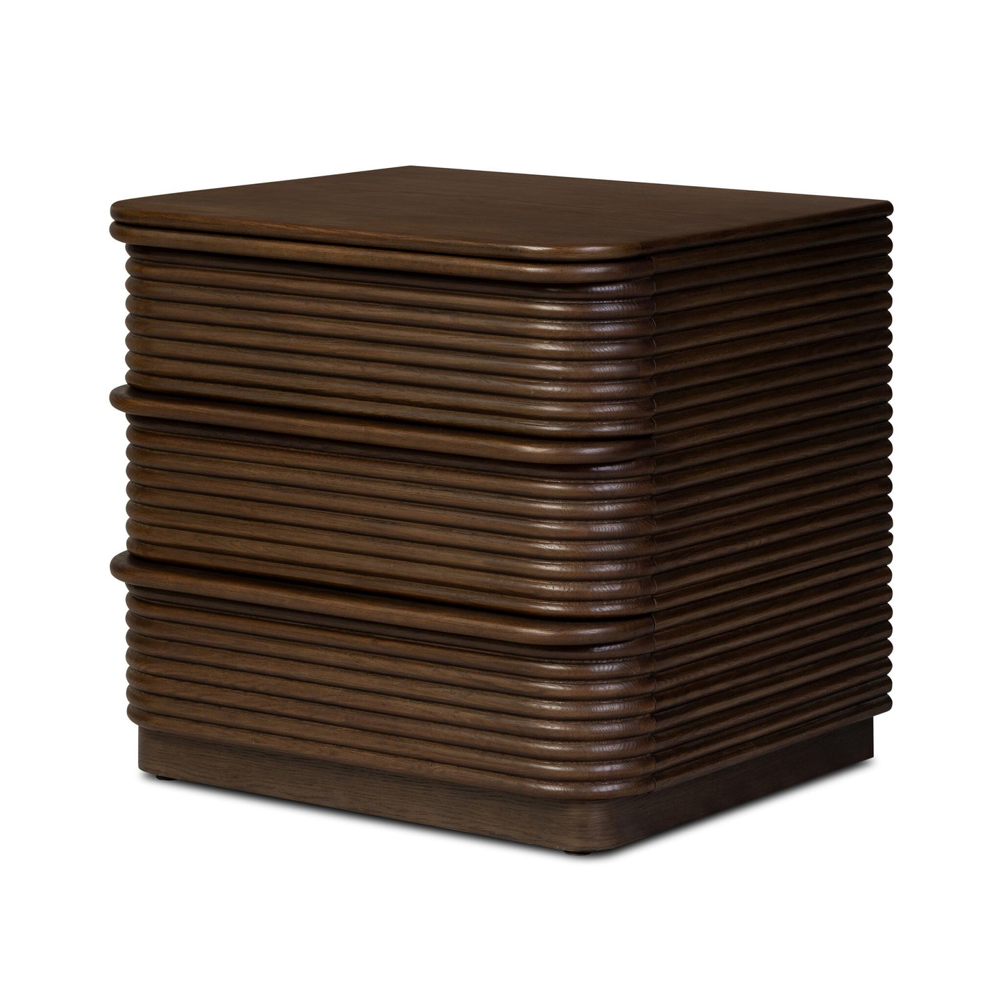 The Benny Nightstand is a modern, dark wood piece with rounded corners, horizontal ridges, and three drawers. Measuring 26"w x 22"d x 24"h, it has a sleek finish and handle-free design for a contemporary look.