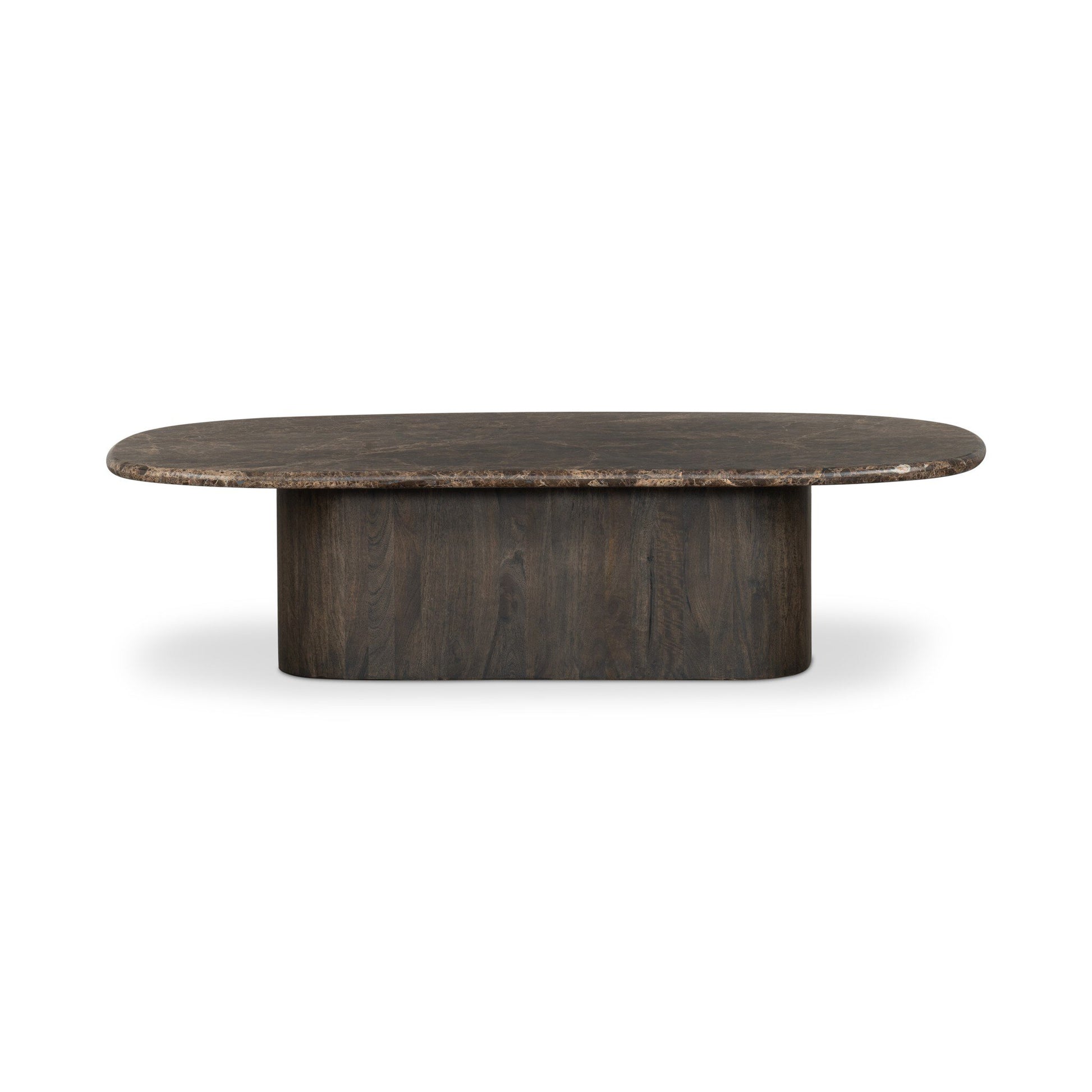 The Tori Coffee Table features a dark wood oval top and a solid, curved rectangular base—ideal for pairing with a 65-inch sofa and enhancing your living room décor.