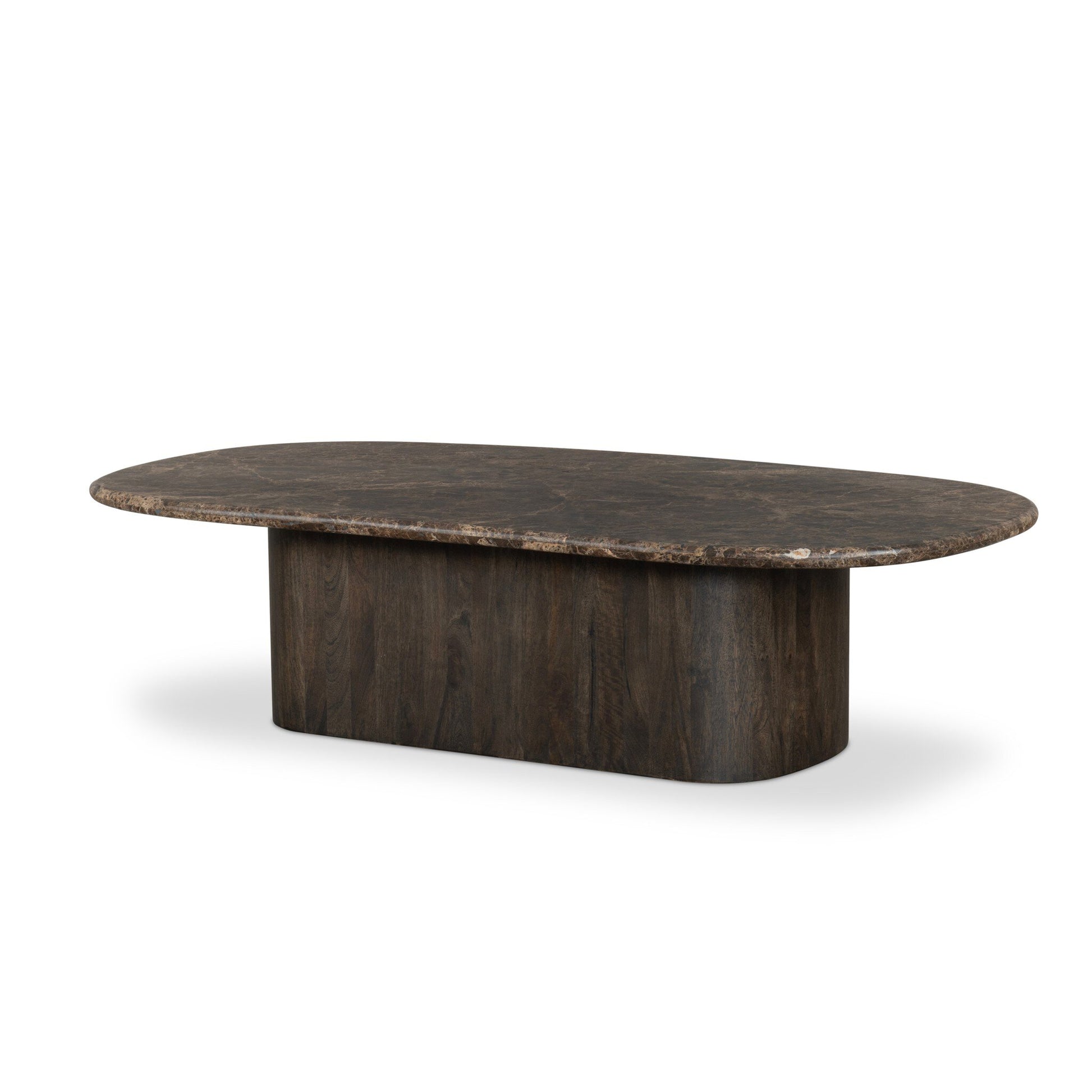 The Tori Coffee Table features a rectangular shape with rounded corners, a dark brown marble-effect top, and a matching solid wood base. Its modern, minimalist design complements sofas of all sizes and enhances any living room décor.