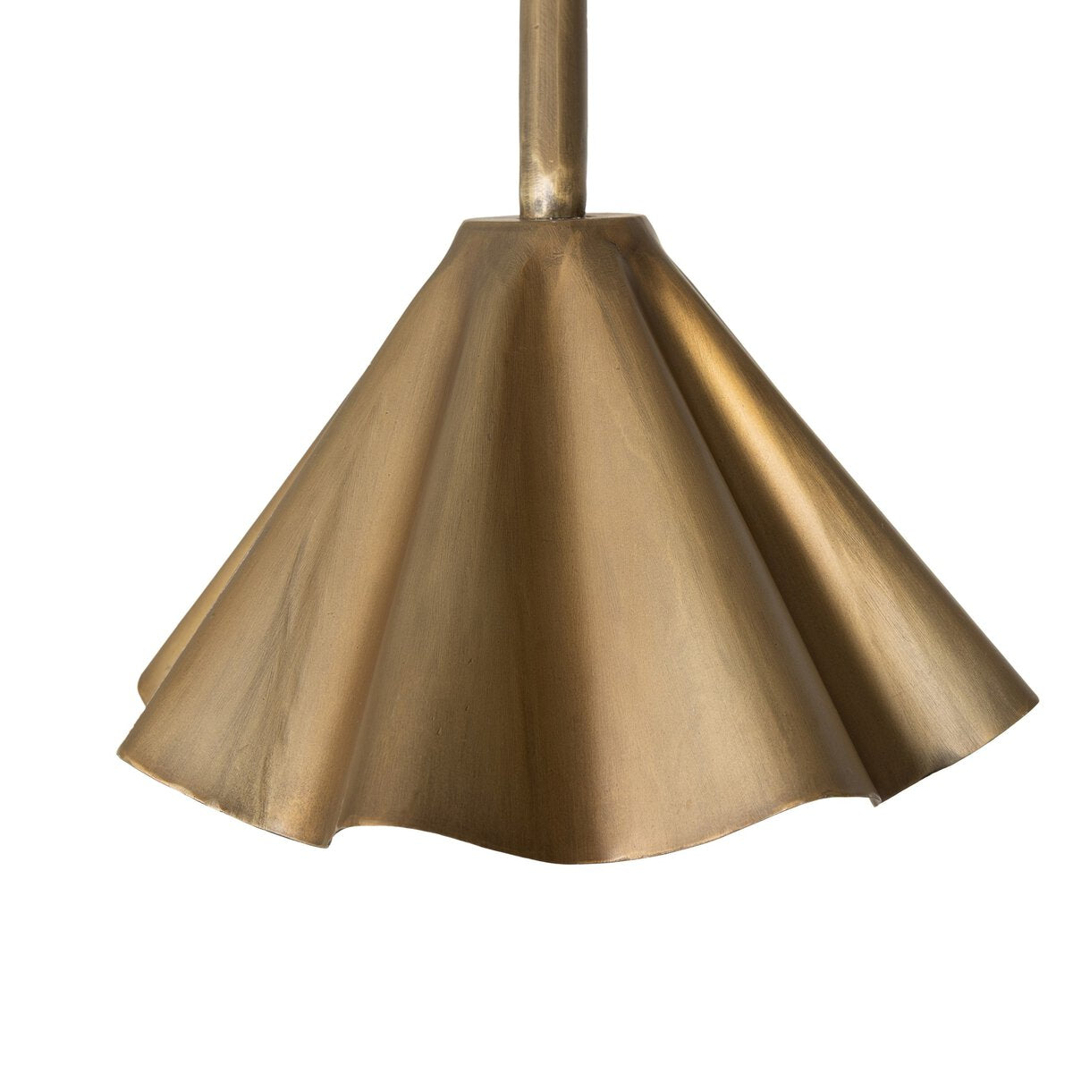 The Amabella Chandelier features a flared, sculptural pendant with wavy edges and an aged antique brass finish on a slim rod, giving it a modern, elegant look that highlights its refined proportions.