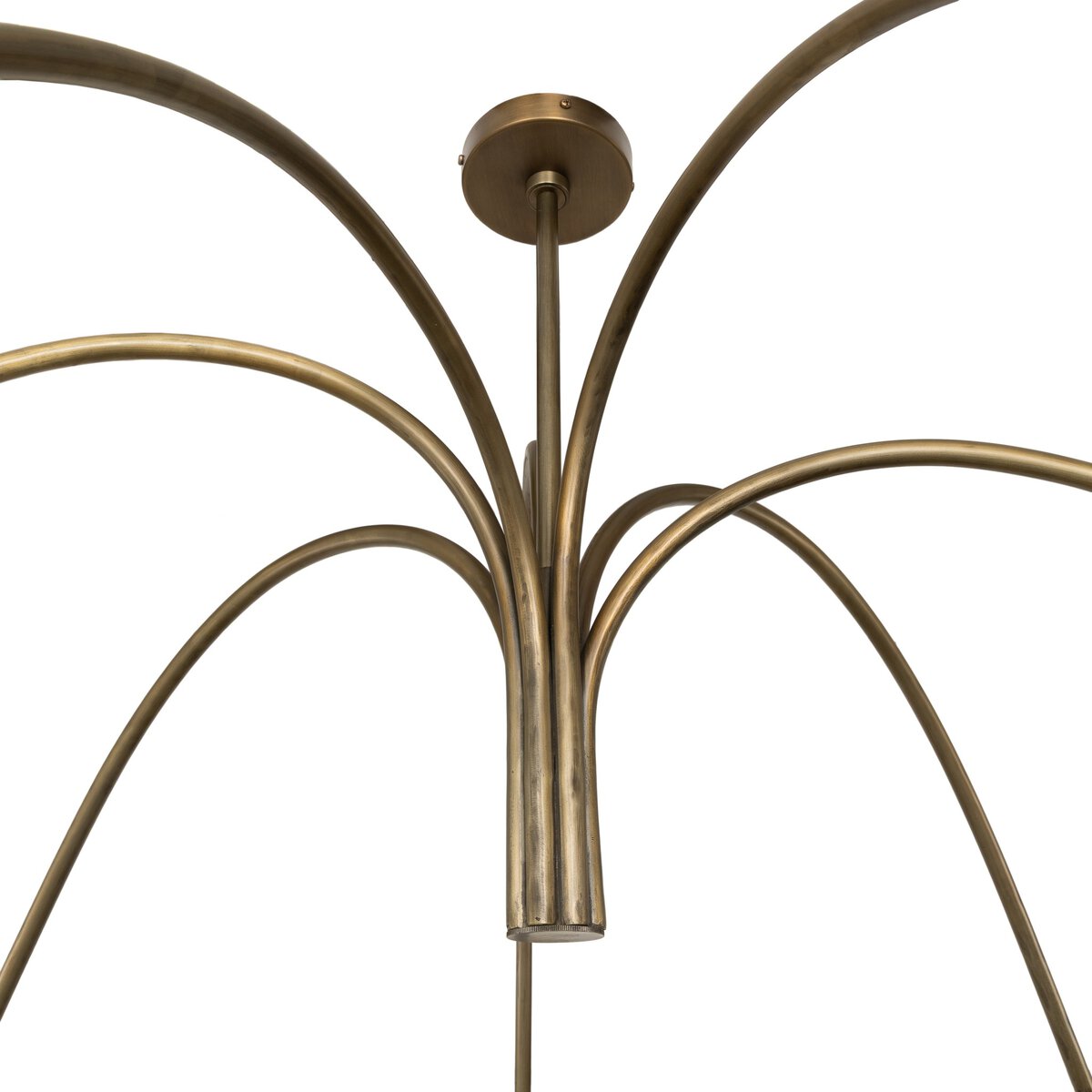 The Amabella Chandelier showcases an iron frame in aged antique brass, with multiple curved arms radiating from a central rod. Its overall dimensions amplify its elegance against a white background.