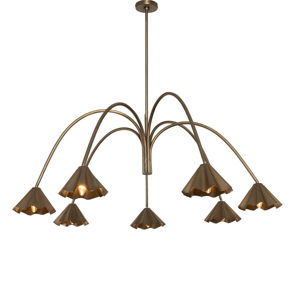 The Amabella Chandelier features six curved antique brass iron arms with flared flower-shaped lights, suspended from a central rod against a white background. Overall dimensions available upon request.