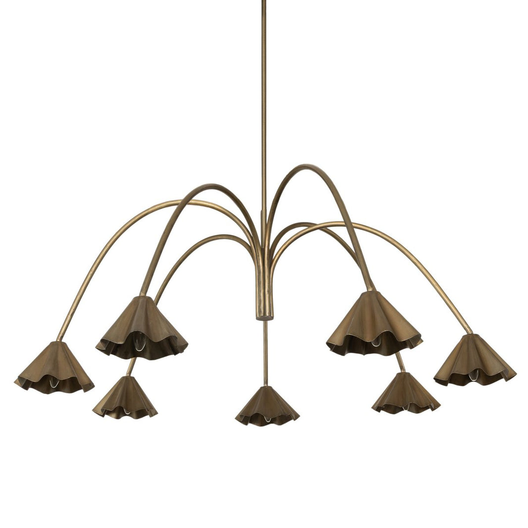 The Amabella Chandelier features eight curved brass and iron arms, each with a downward-facing, flower-shaped shade. Finished in aged antique brass, it offers timeless elegance for any space.