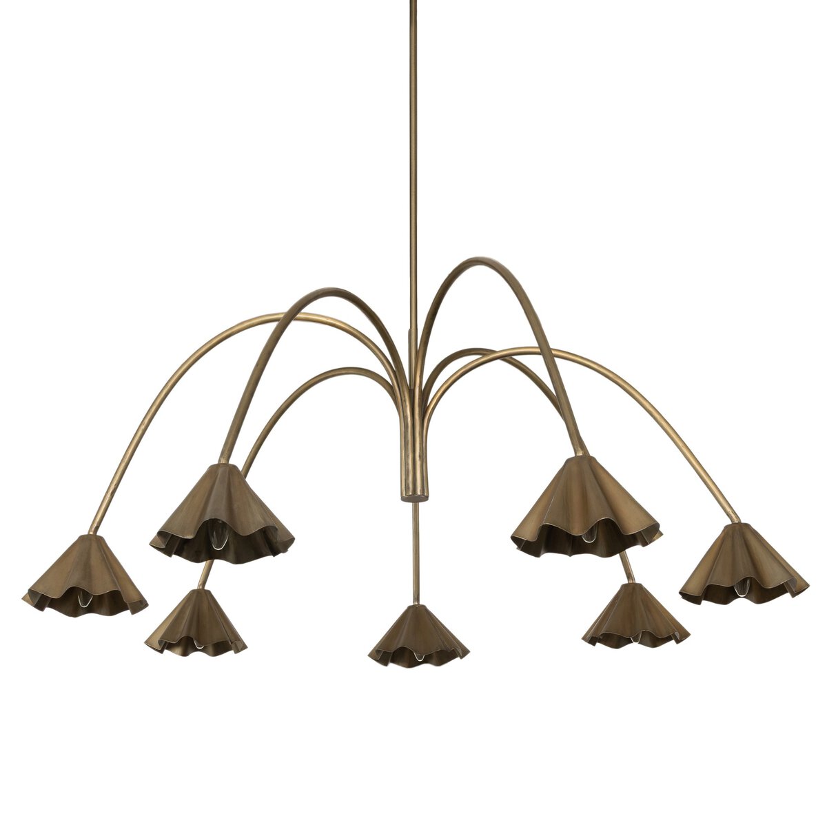 The Amabella Chandelier features eight curved brass and iron arms, each with a downward-facing, flower-shaped shade. Finished in aged antique brass, it offers timeless elegance for any space.