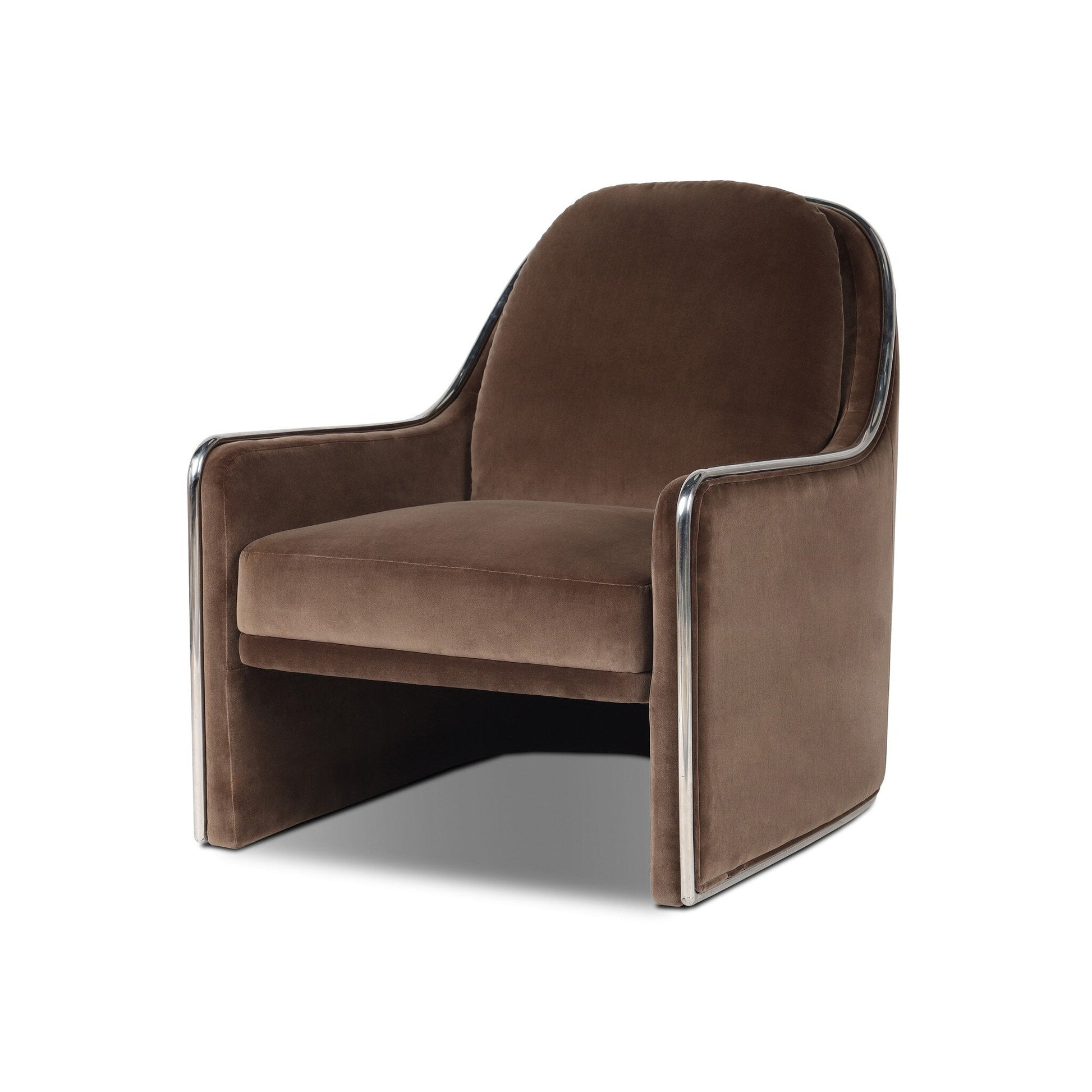 The Viora Chair showcases brown upholstered cushions and sleek chrome-finished armrests, all set against a white background.