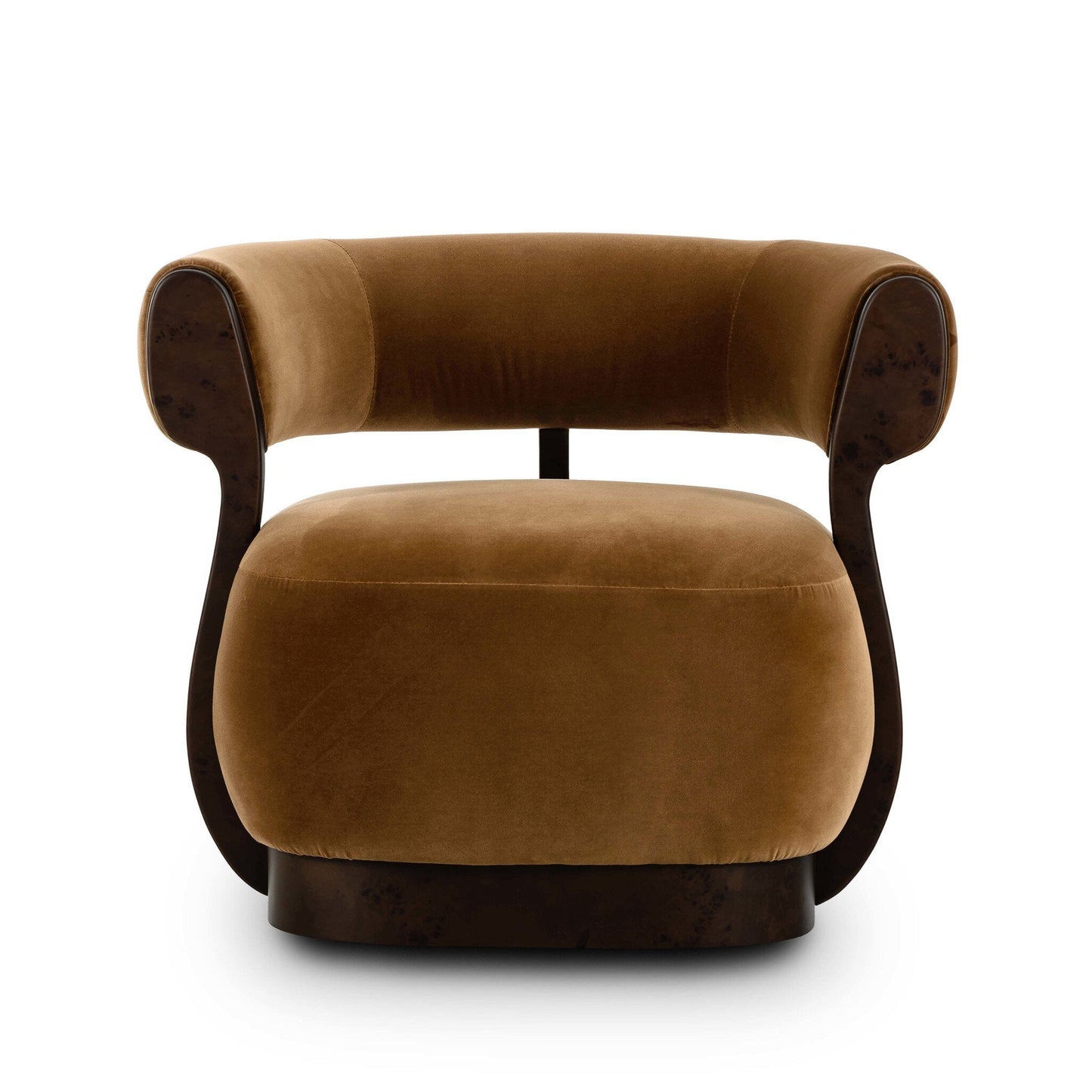 Front view of the Yuri Swivel Chair featuring a plush brown velvet seat and curved dark wooden armrests and backrest. Shown against a white background; overall dimensions: 34.25"w x 31.25"d x 28.25"h.
