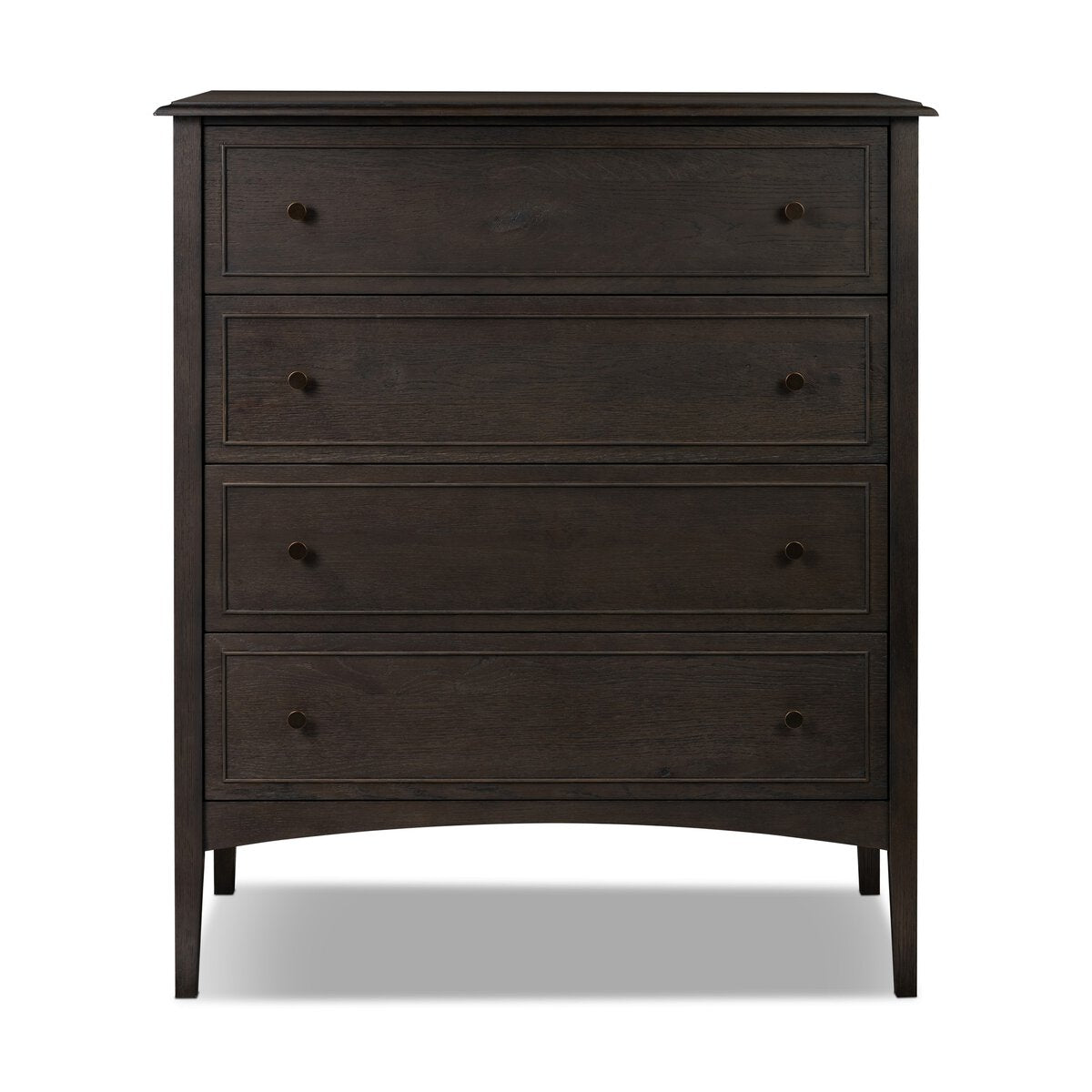 The Maggie Tall Chest is a dark wood dresser with four drawers, each with two round knobs. Its simple, modern design, straight legs, and smooth surface make it versatile for office use or as a compact workstation.