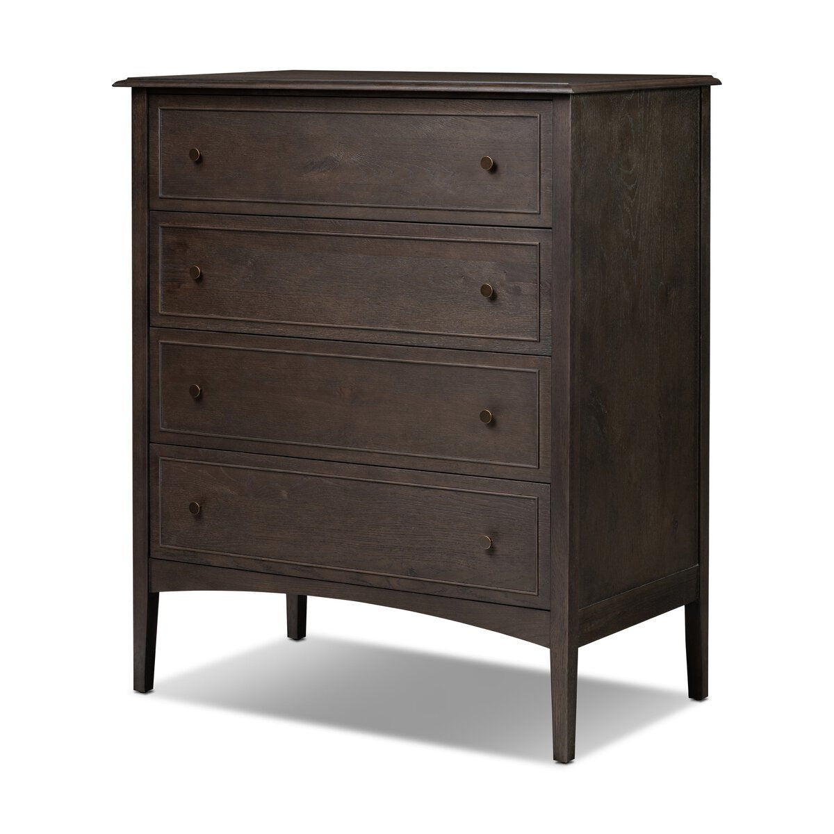 The Maggie Tall Chest features four drawers with round knobs and a smooth top that doubles as a compact desk, offering minimalist style and classic design ideal for both storage and workspace needs.
