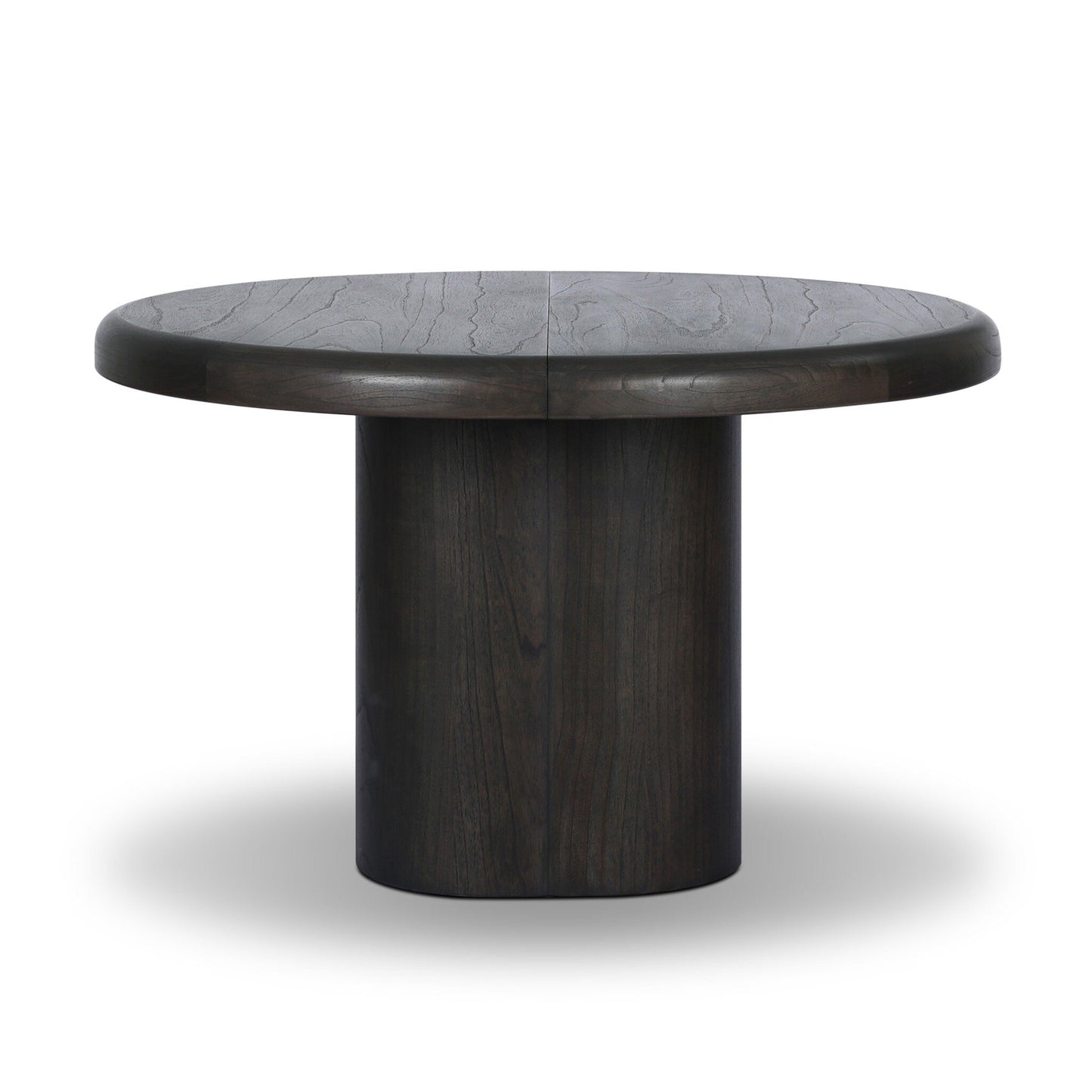 The Pemble Extension Dining Table features a round, dark wood 48-inch top and a thick cylindrical pedestal base, shown against a white background.