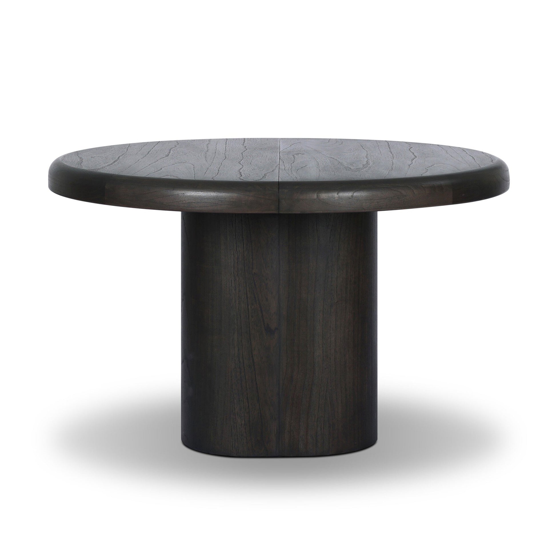 The Pemble Extension Dining Table features a round, dark wood 48-inch top and a thick cylindrical pedestal base, shown against a white background.