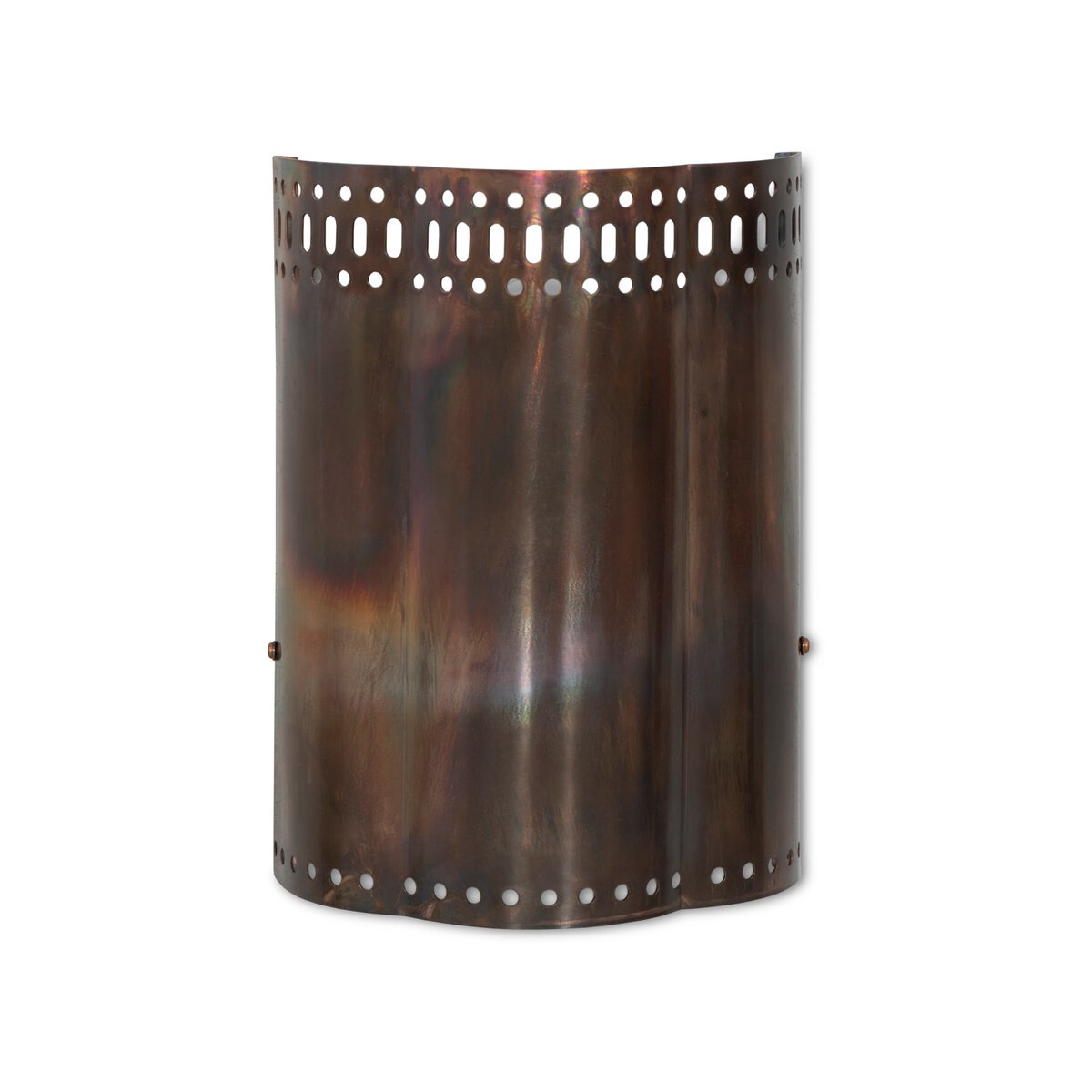 The Rialto Sconce is a curved, metallic wall light with a dark bronze finish, decorative oval and circular cut-outs on the top and bottom edges, and a subtle iridescent sheen.