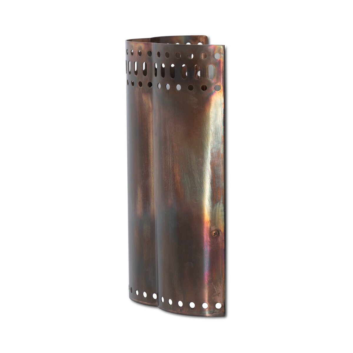 The Rialto Sconce features a curved, dual-panel metal design with circular cutouts on the edges and an iridescent, multicolor acid wash finish. Its modern style and compact size make it ideal for contemporary spaces.