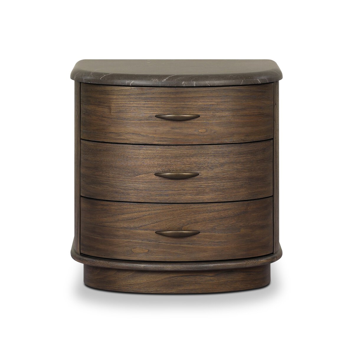 The Tovae Nightstand is a dark brown wood piece with a rounded front, three drawers with horizontal handles, and a smooth overhanging top. Its dimensions are 26.00"w x 18.50"d x 26.50"h.
