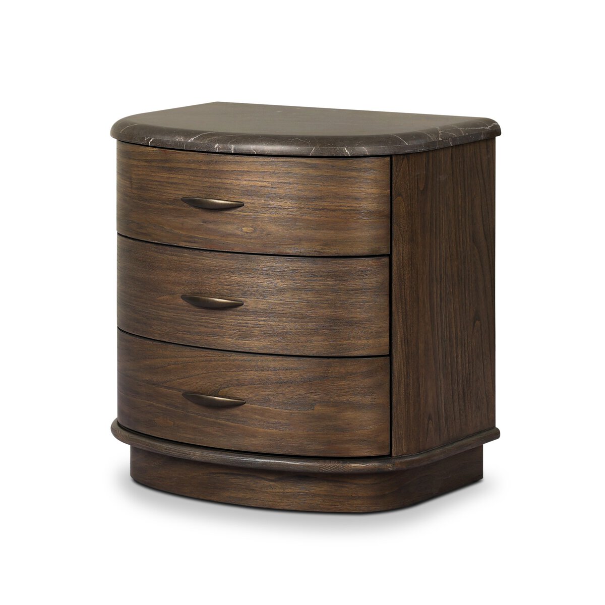 The Tovae Nightstand features a dark wood finish, three drawers with curved metal handles, rounded edges, a slightly protruding base, and measures 26.00"W x 18.50"D x 26.50"H.