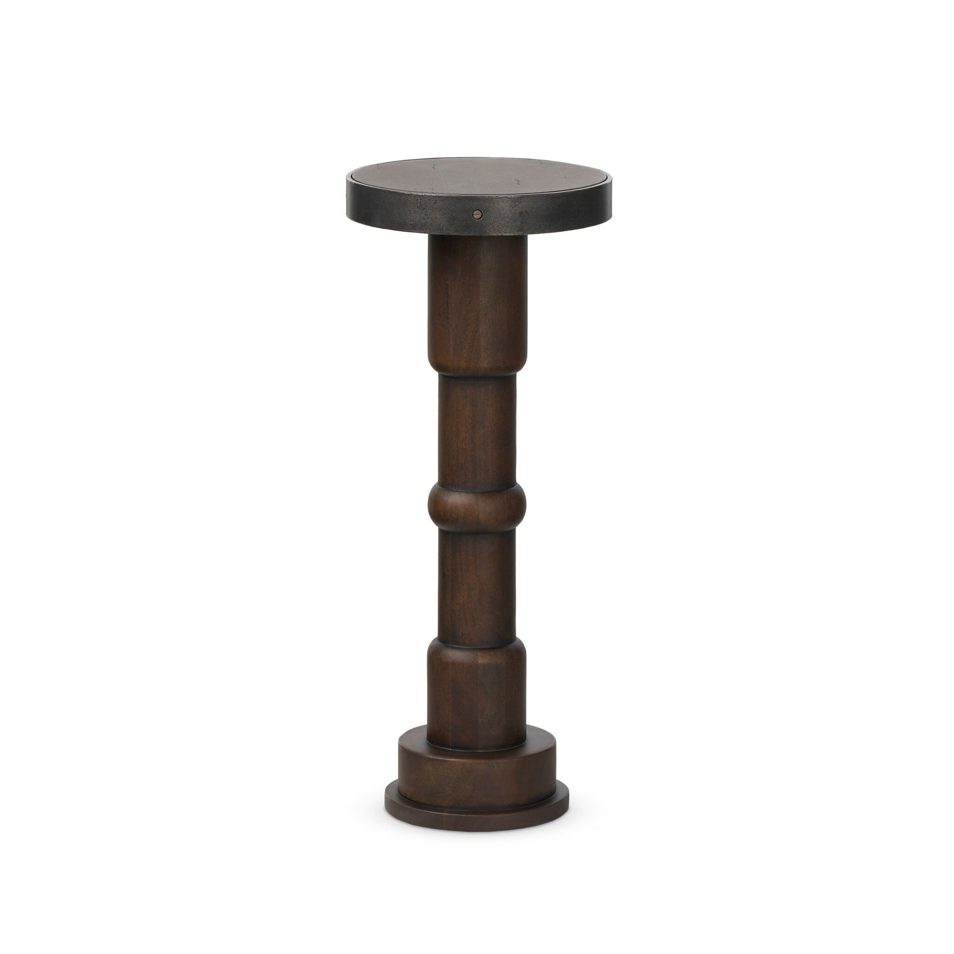 The Mizu End Table is a round, dark brown wooden pedestal table measuring 10.00"w x 10.00"d x 24.75"h, featuring a thick, stacked cylindrical base and flat circular top, shown against a white background.