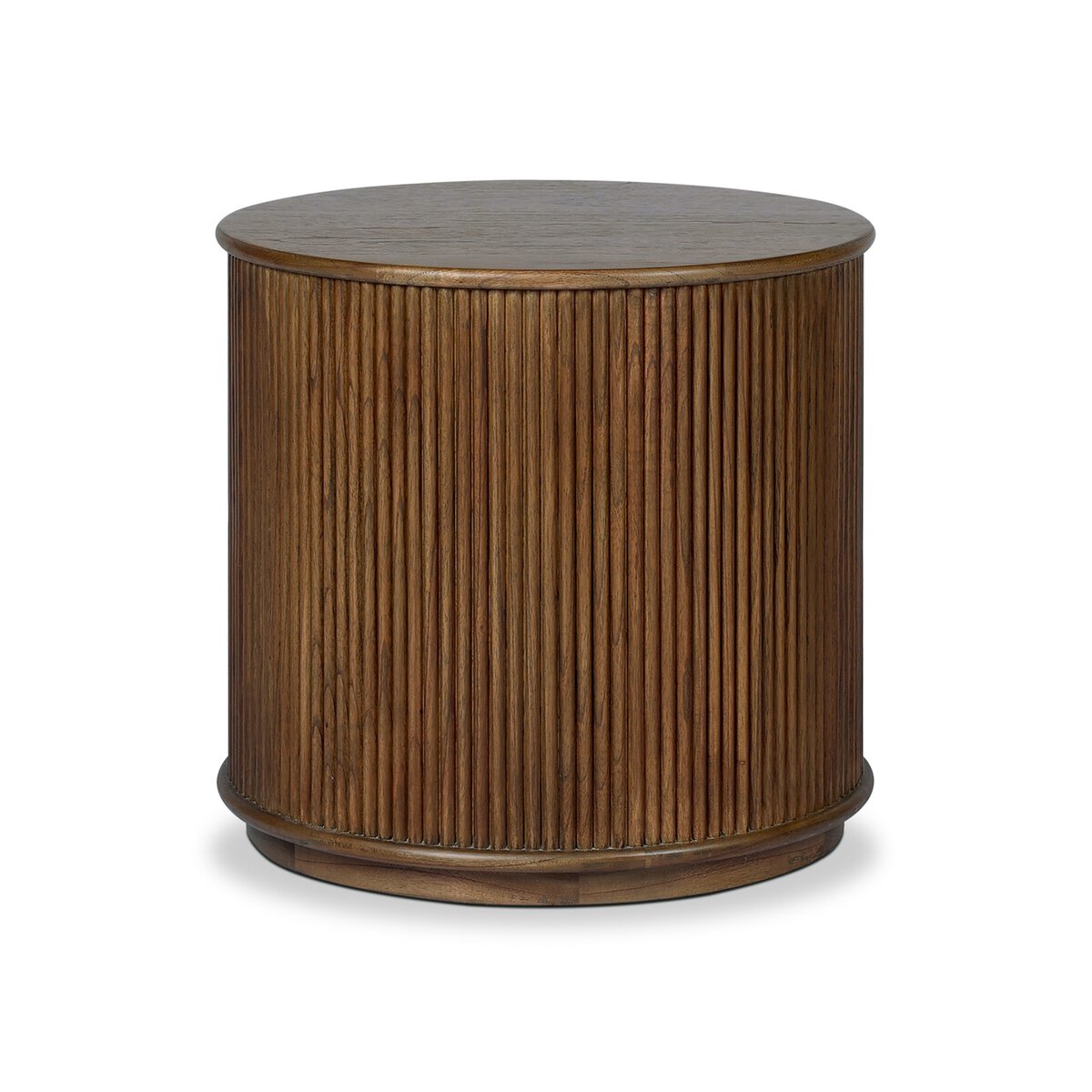 The Ona End Table features a round, modern design with vertical slat sides and a medium brown wood finish, shown against a plain white background.