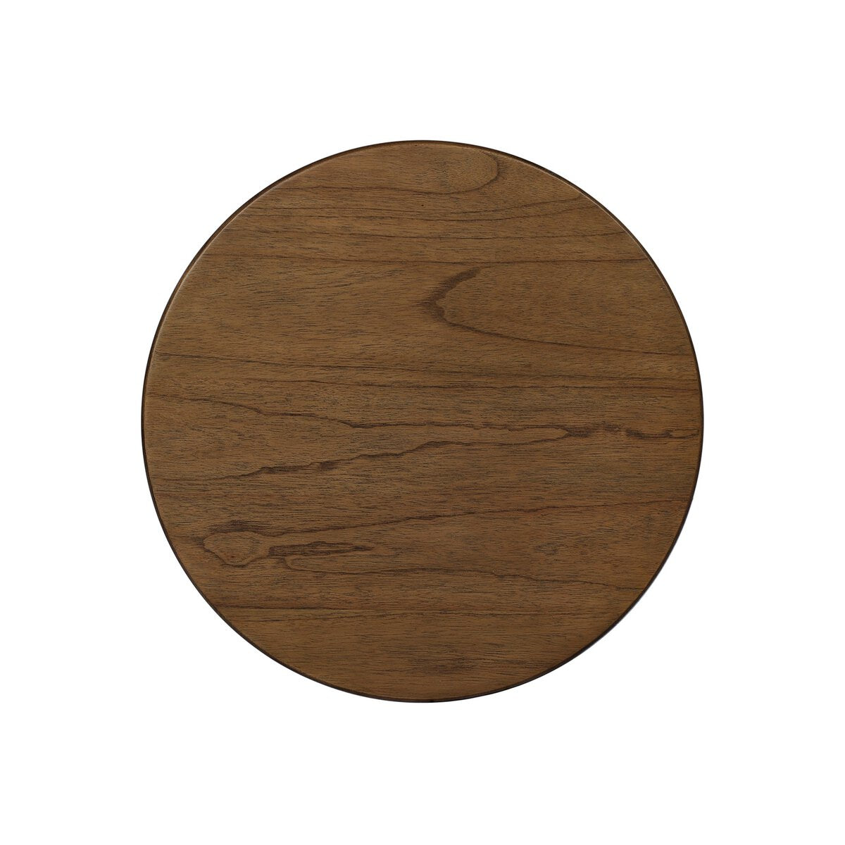 The Ona End Table features a round wooden tabletop with a smooth surface, visible natural wood grain patterns, and a medium brown finish—ideal as a modern accent or side table. Photographed from above on a plain white background.