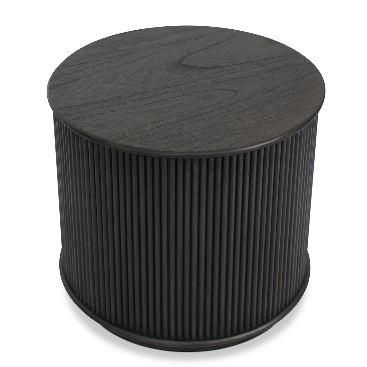 The Ona End Table is a round, dark wood modern piece featuring a smooth top and vertically grooved sides, shown against a white background.