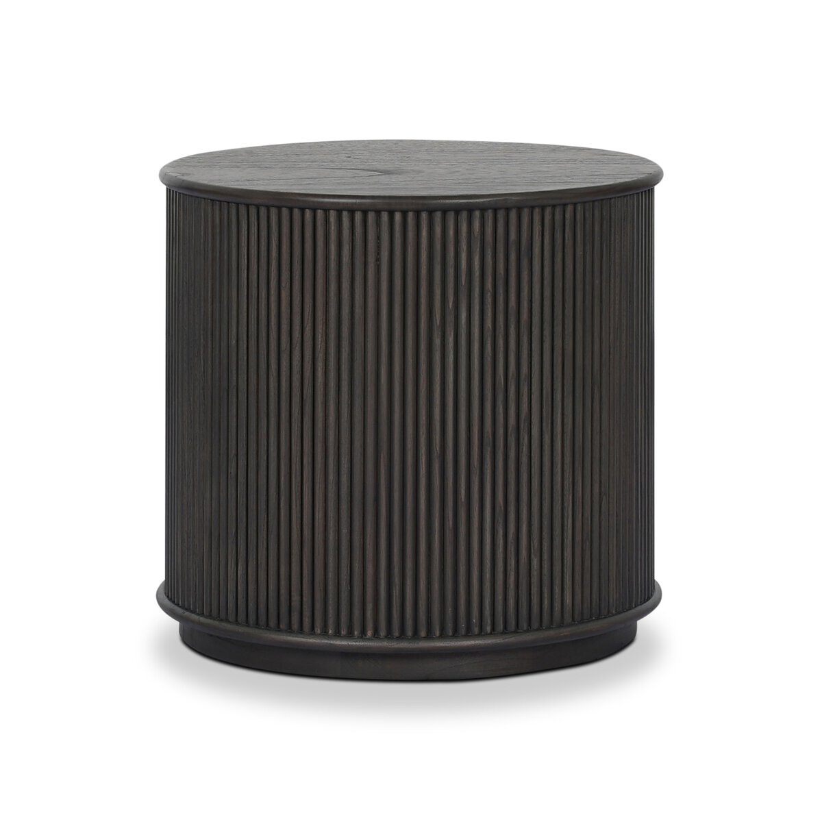 The Ona End Table features a round, dark wood design with vertical slats around its base and a smooth, flat top, displayed against a white background.