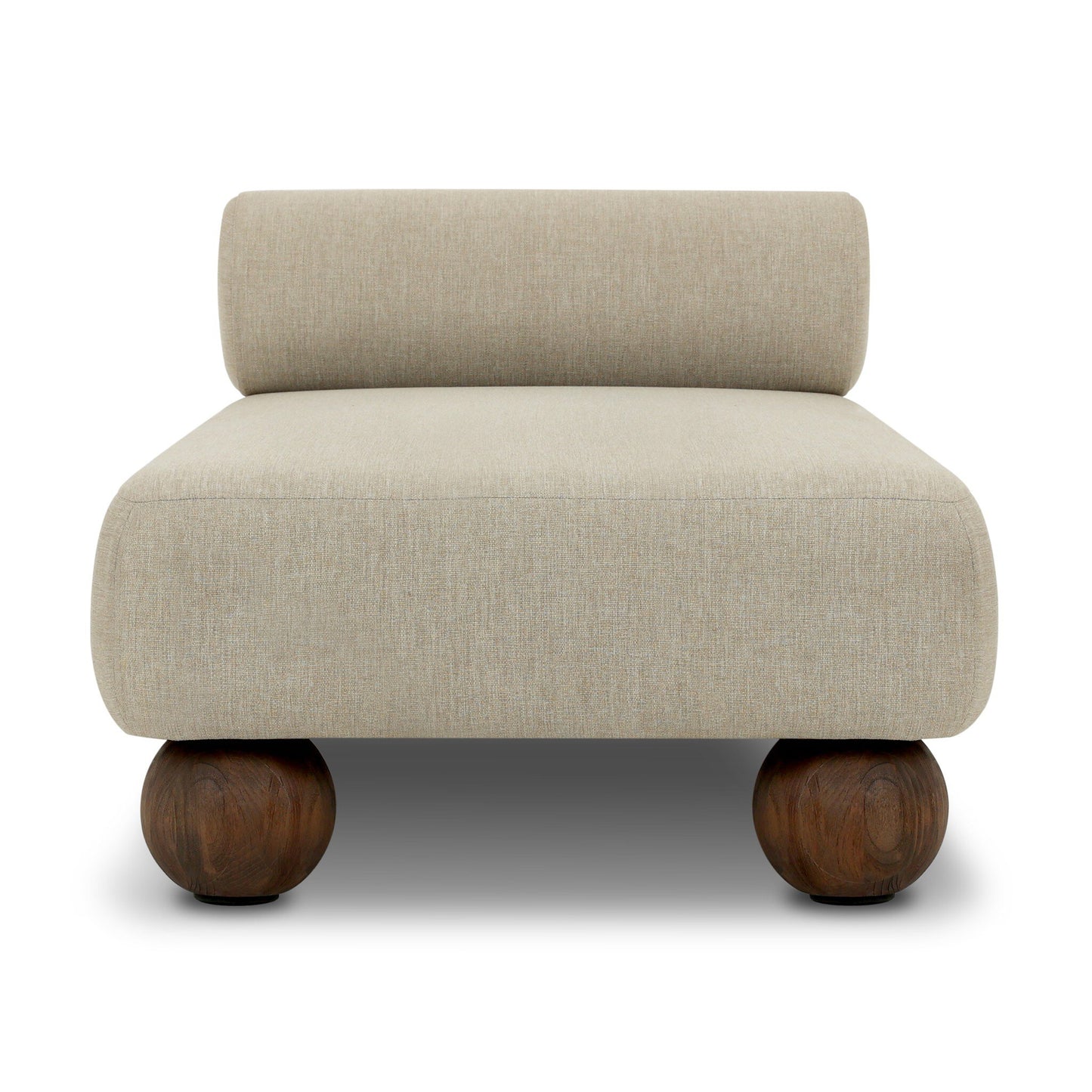 The Leilani Outdoor Chaise features a modern armless design with a light beige upholstered seat and backrest and four large, round wooden legs, making it ideal for pairing with a workstation or office desk in contemporary spaces.