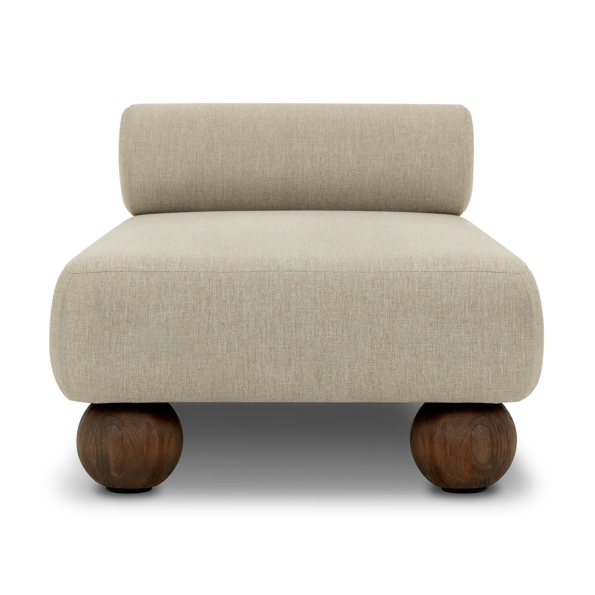 The Leilani Outdoor Chaise features a modern armless design with a light beige upholstered seat and backrest and four large, round wooden legs, making it ideal for pairing with a workstation or office desk in contemporary spaces.