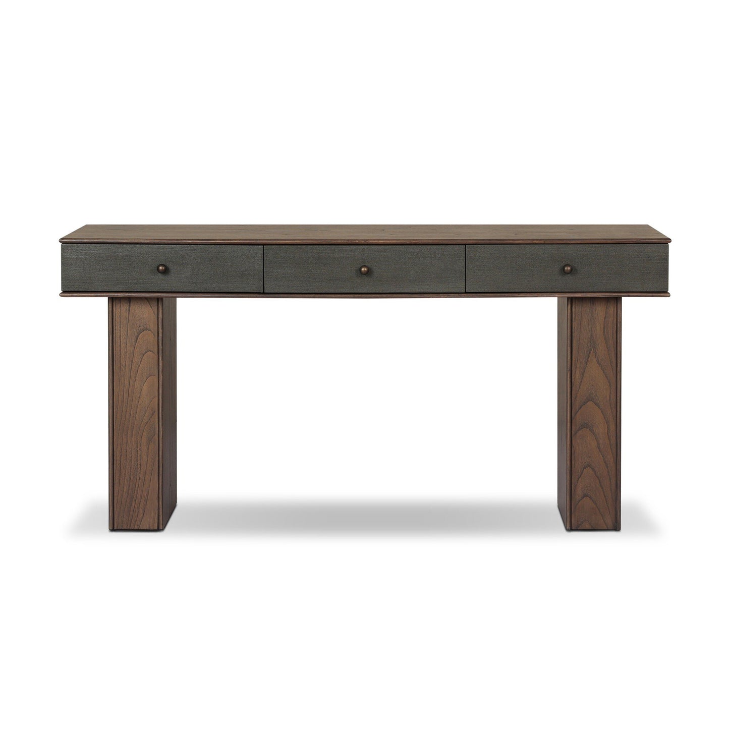 The Soloman Console Table features a dark wood finish, three drawers, and two sturdy rectangular legs—ideal for dining room storage—displayed against a plain white background.