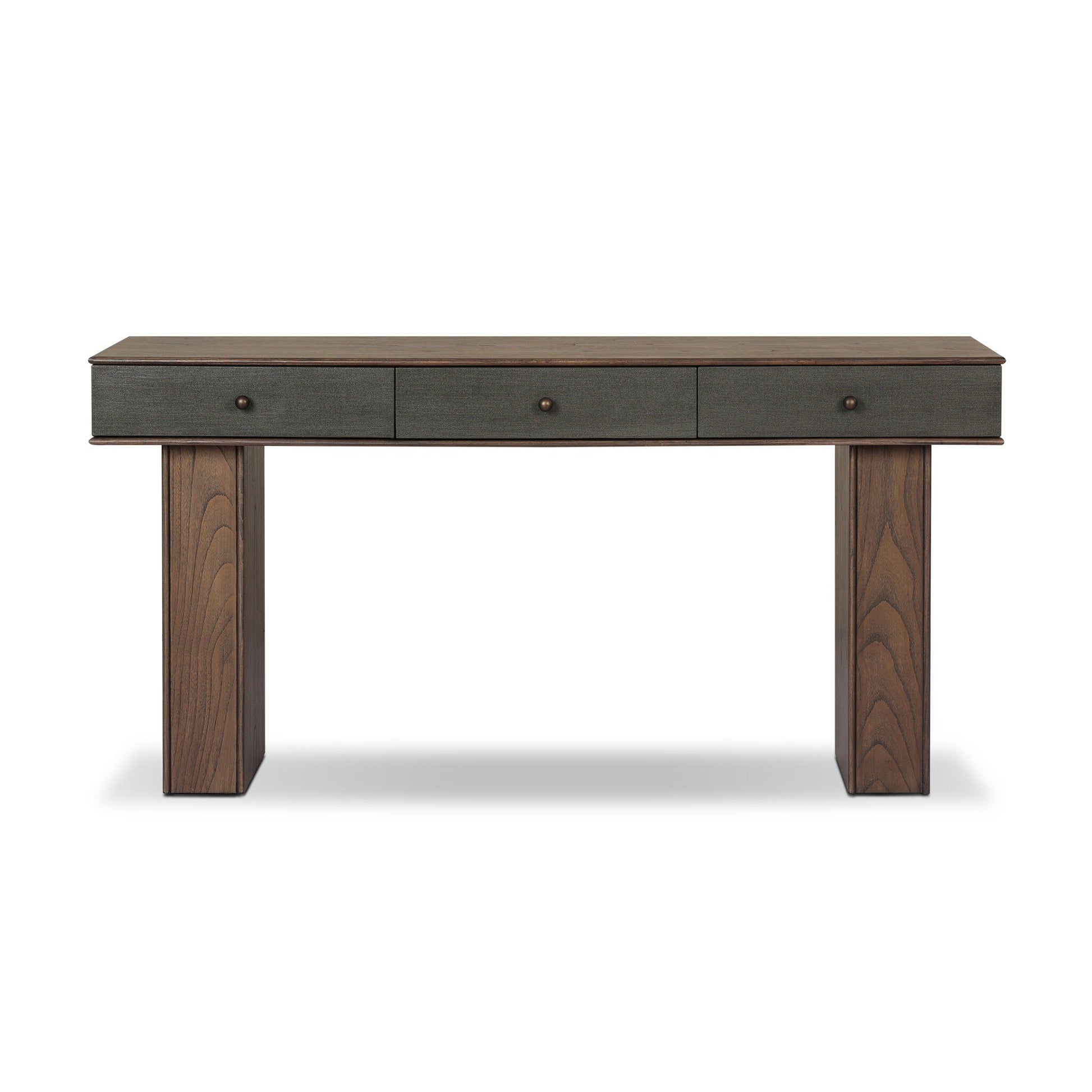 The Soloman Console Table features a dark wood finish, three drawers, and two sturdy rectangular legs—ideal for dining room storage—displayed against a plain white background.