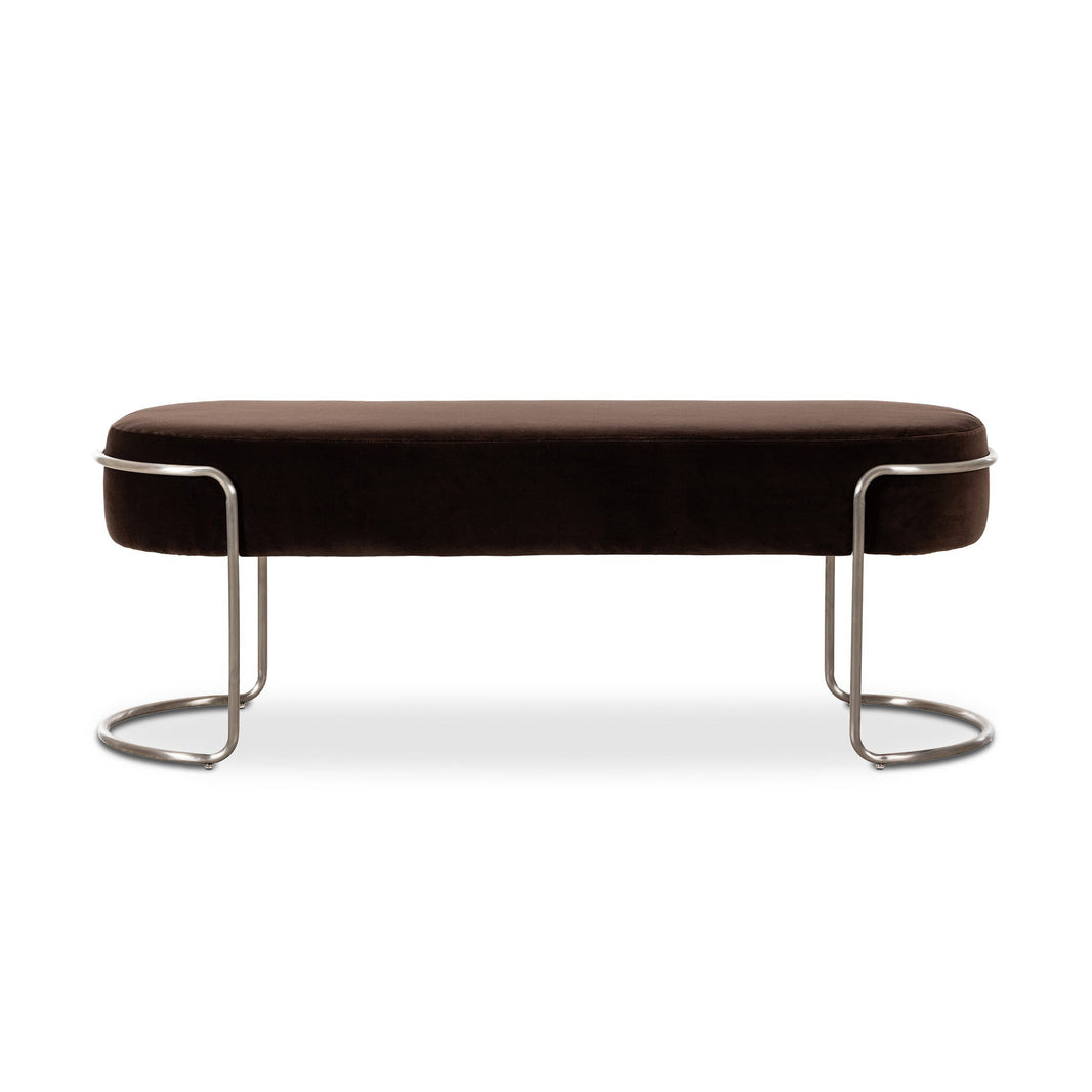 The Savoy Accent Bench features a thick, dark brown cushioned seat and sleek, curved metal legs with semicircular bases. At 52.5" wide, this modern bench adds comfort and sophistication to any entryway or space.
