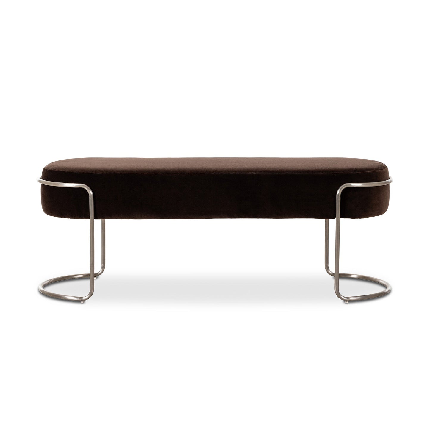The Savoy Accent Bench features a thick, dark brown cushioned seat and sleek, curved metal legs with semicircular bases. At 52.5" wide, this modern bench adds comfort and sophistication to any entryway or space.