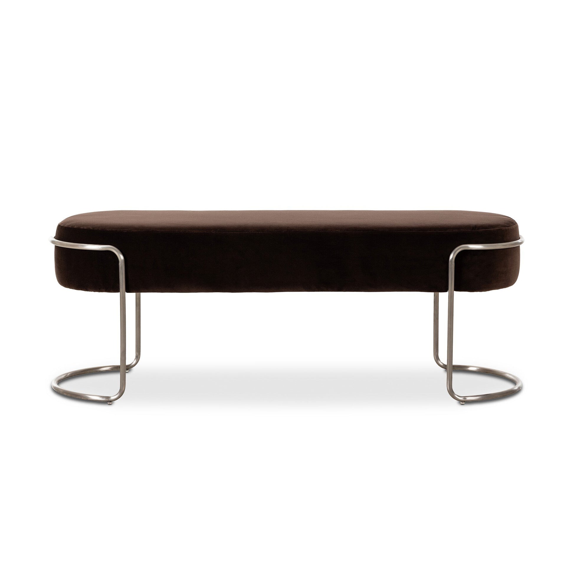 The Savoy Accent Bench features a thick, dark brown cushioned seat and sleek, curved metal legs with semicircular bases. At 52.5" wide, this modern bench adds comfort and sophistication to any entryway or space.
