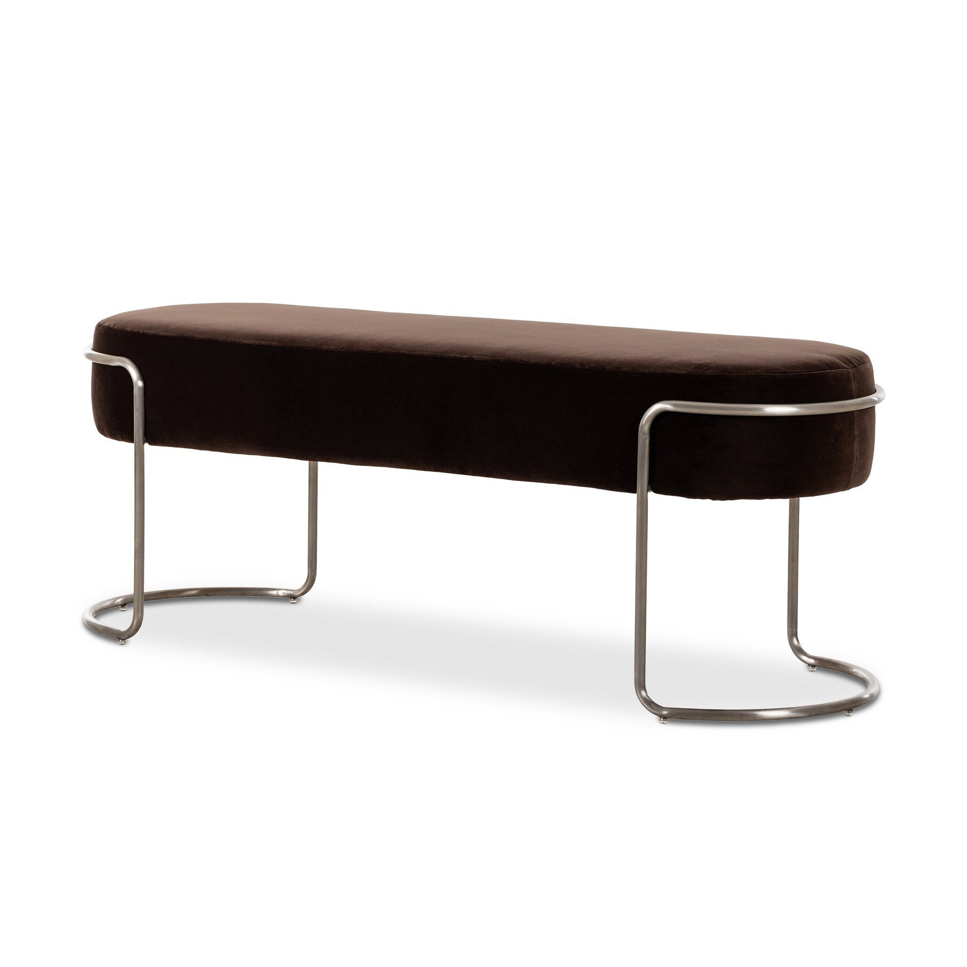 The Savoy Accent Bench is a modern 52.50" wide entryway seat with a dark brown cushion and sleek, curved metal legs, shown against a white background.
