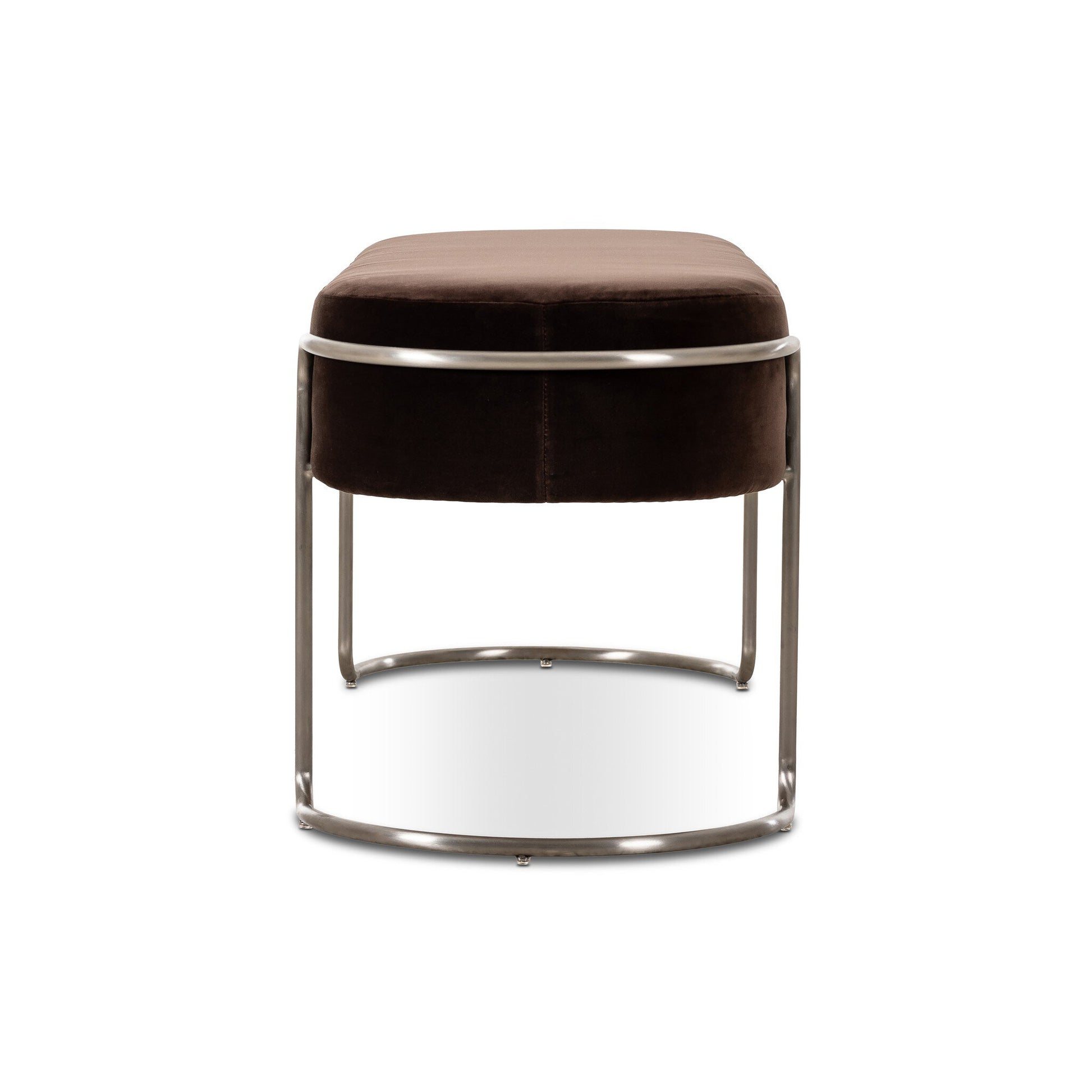 The Savoy Accent Bench features a rectangular brown cushioned seat and a sleek, curved silver metal frame, displayed from the front against a white background.