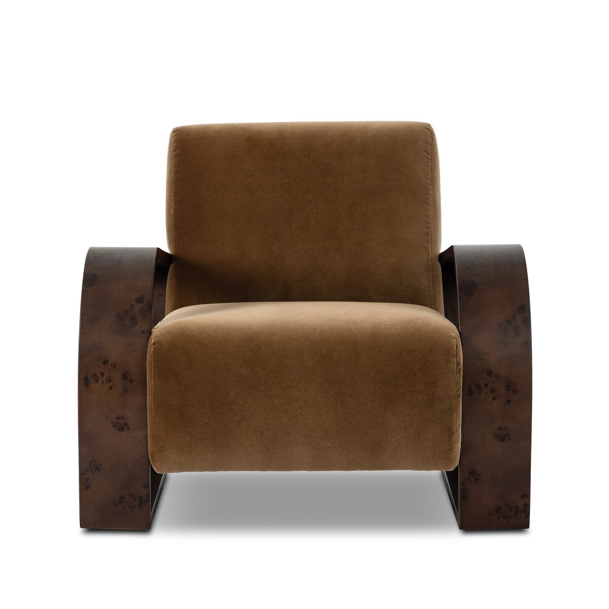 The Montez Chair is a modern armchair with plush brown upholstery, wide curved dark wooden armrests and legs, and measures 35.00"D x 34.50"W x 30.50"H. It is shown against a white background.