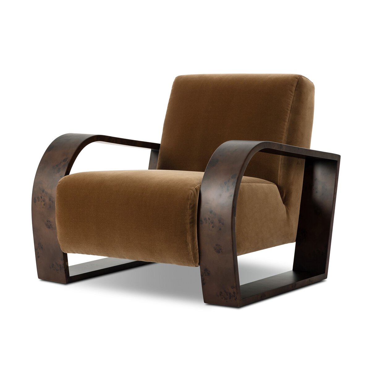 The Montez Chair is a modern armchair with plush brown velvet seat and backrest, wide curved dark wooden armrests and legs, measuring 34.50"w x 30.50"h x 35.00"d, shown against a plain white background.