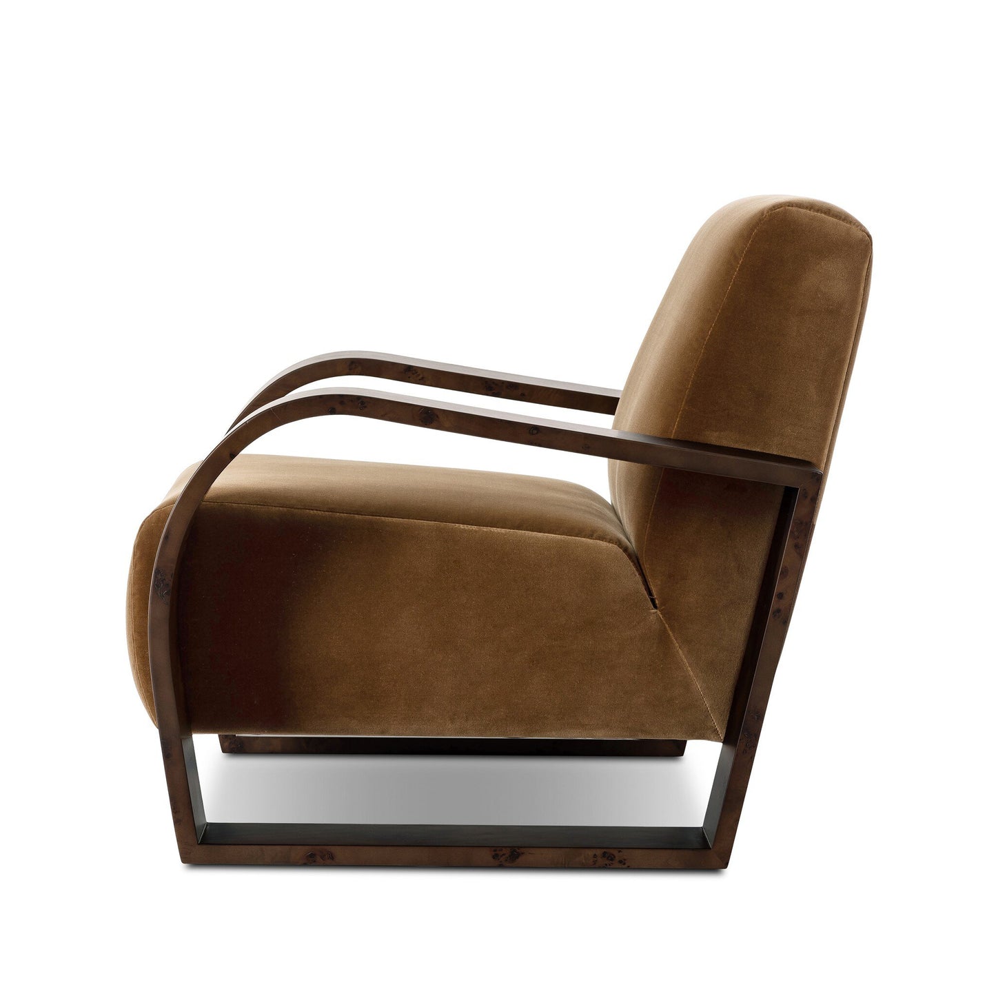 Side view of the Montez Chair featuring brown velvet upholstery and curved wooden armrests, set against a white background—ideal for those needing exact furniture measurements.