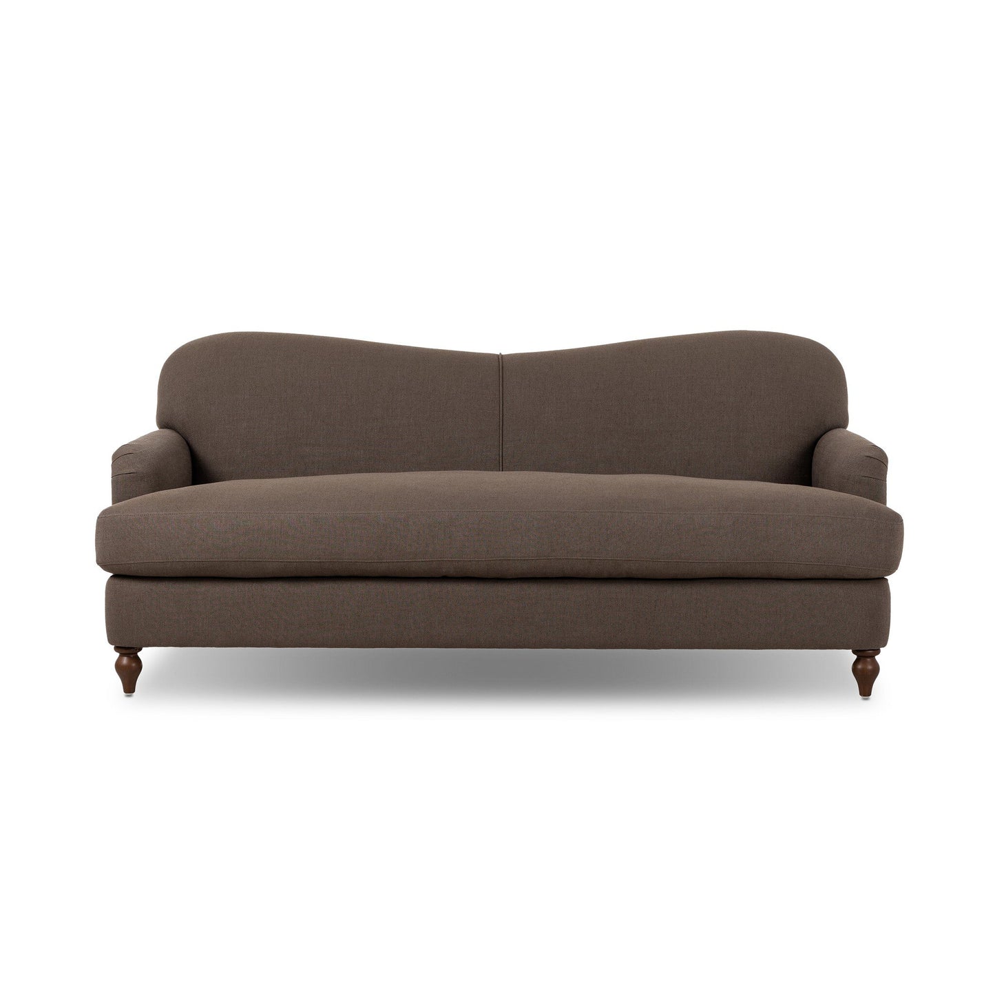The Tiani Sofa, featuring brown upholstery, a gently curved backrest, rounded armrests, and wooden legs, is displayed against a white background—its versatile dimensions make it perfect for any space.